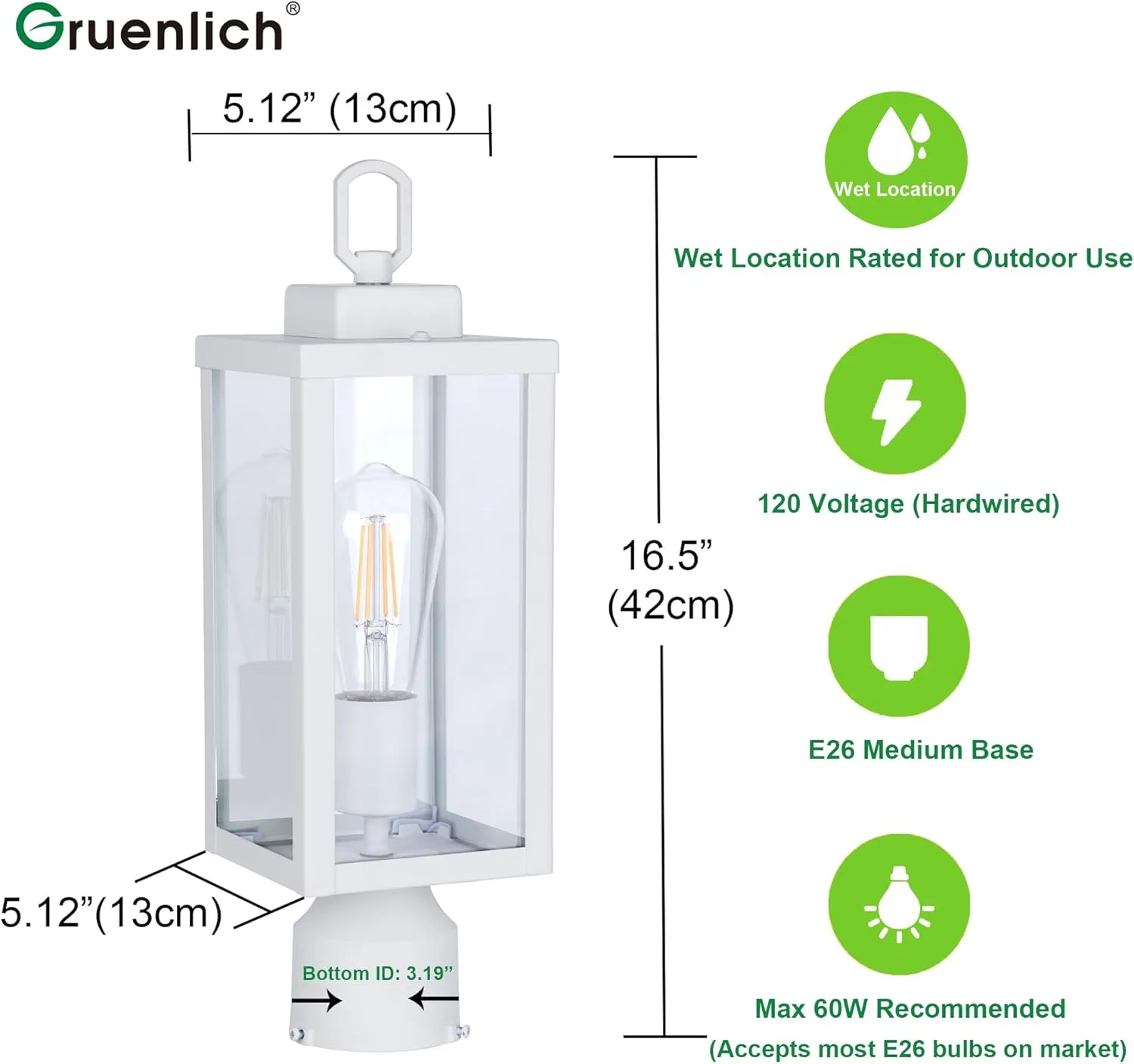 GRUENLICH Outdoor Post Lighting Fixture Pole Lantern, E26 Medium Base Max 60W, Metal Housing Plus Glass, Matte White Finish, Bulb Not Included, 2 Pack