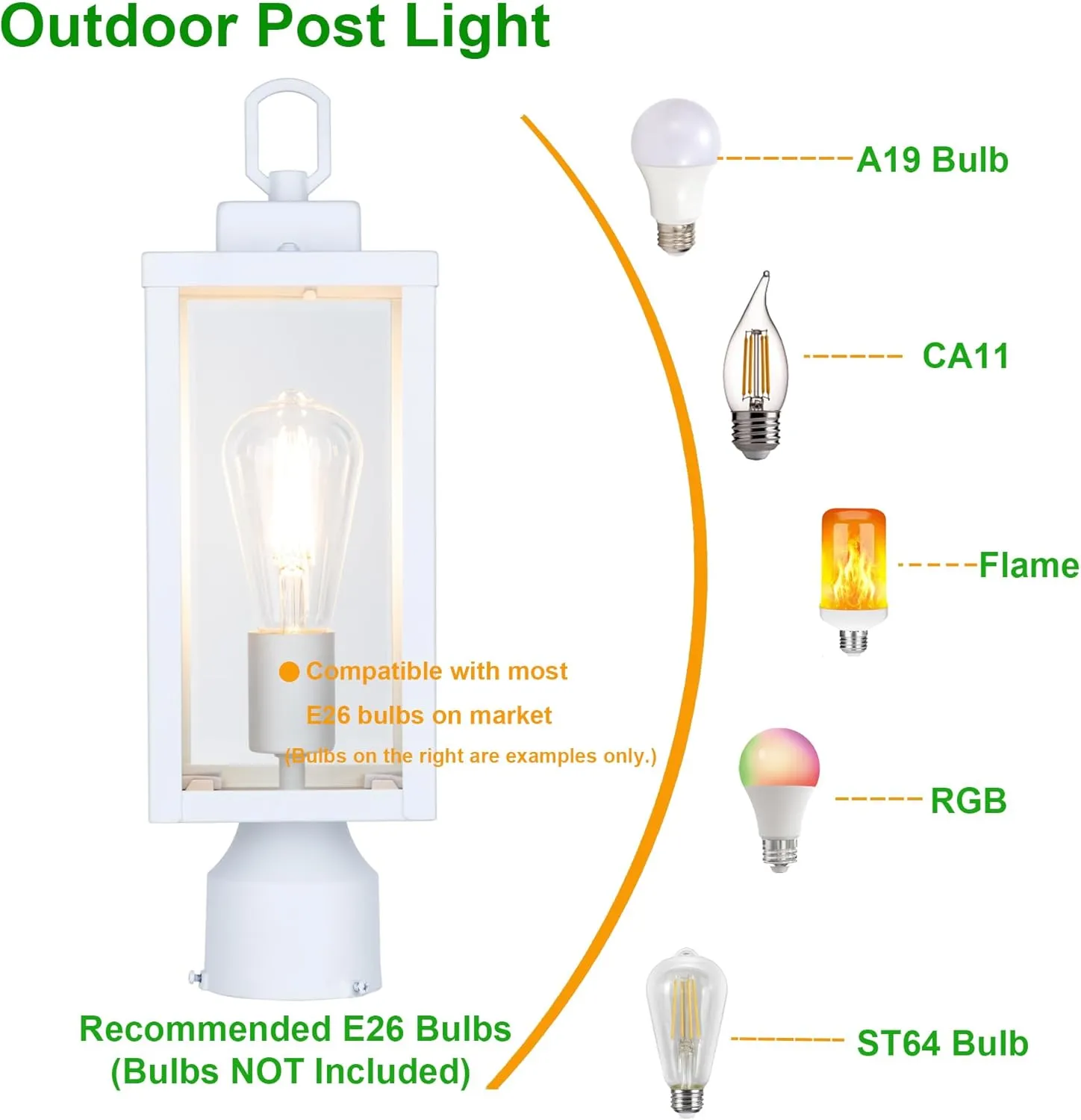 GRUENLICH Outdoor Post Lighting Fixture Pole Lantern, E26 Medium Base Max 60W, Metal Housing Plus Glass, Matte White Finish, Bulb Not Included, 2 Pack