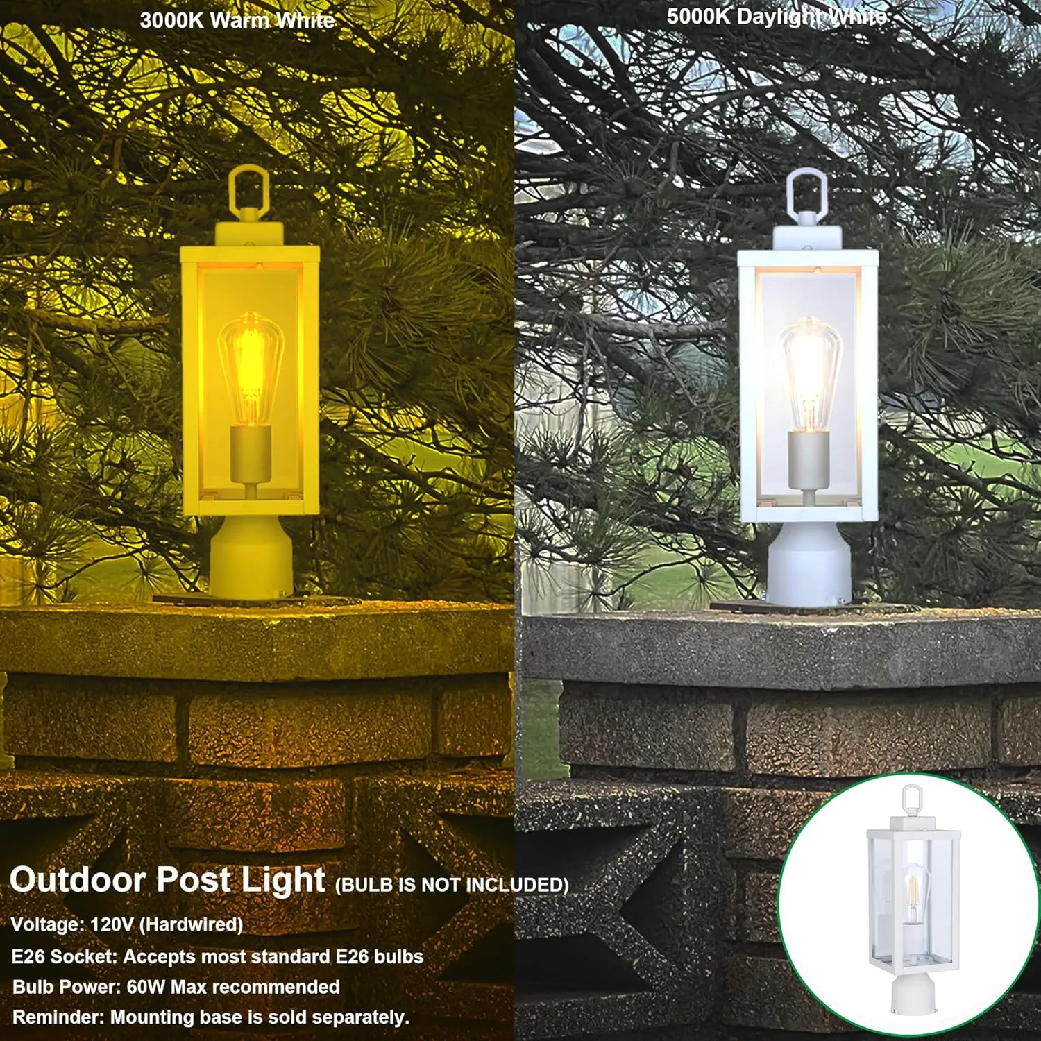 GRUENLICH Outdoor Post Lighting Fixture Pole Lantern, E26 Medium Base Max 60W, Metal Housing Plus Glass, Matte White Finish, Bulb Not Included, 2 Pack