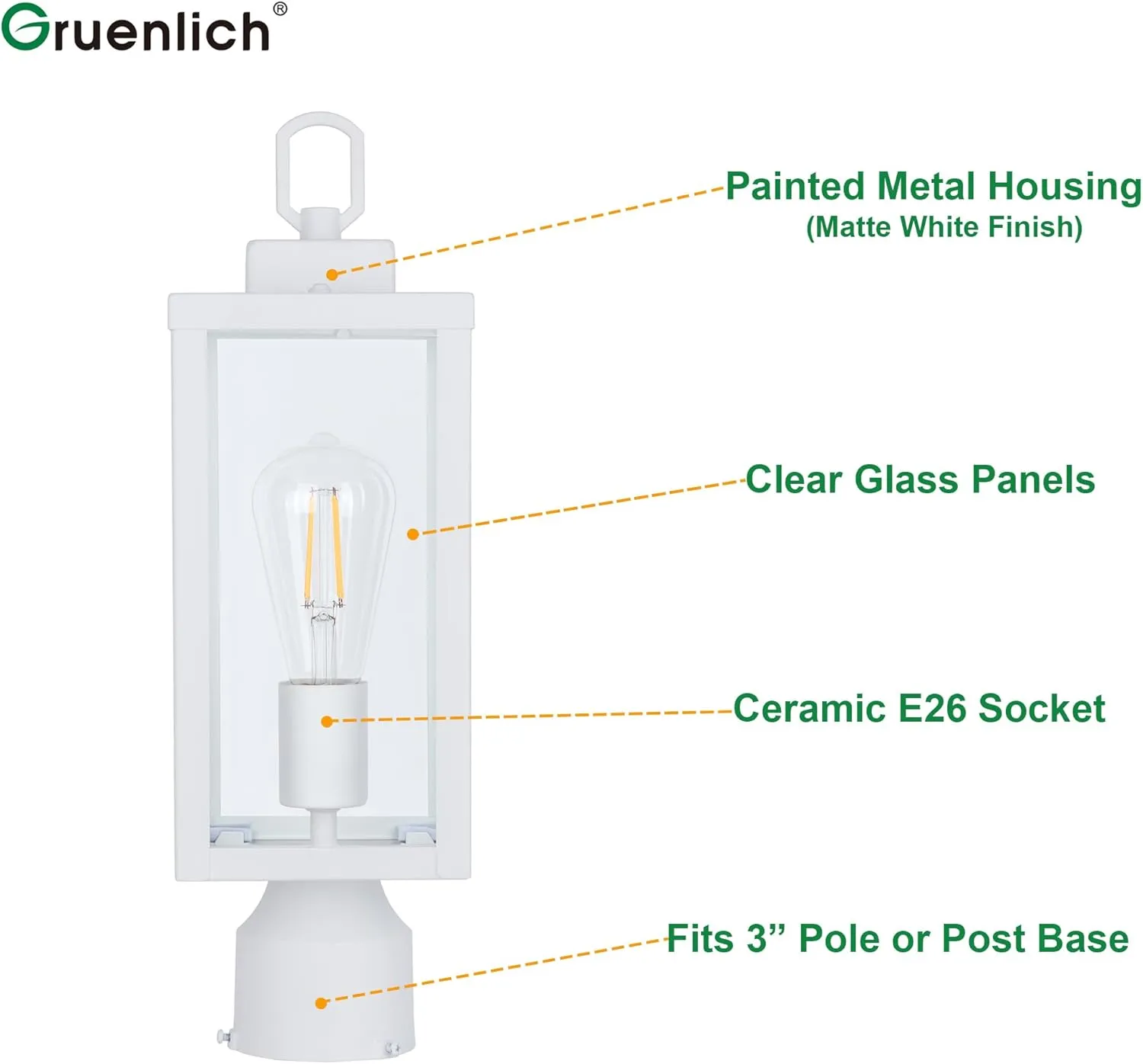 GRUENLICH Outdoor Post Lighting Fixture Pole Lantern, E26 Medium Base Max 60W, Metal Housing Plus Glass, Matte White Finish, Bulb Not Included, 2 Pack