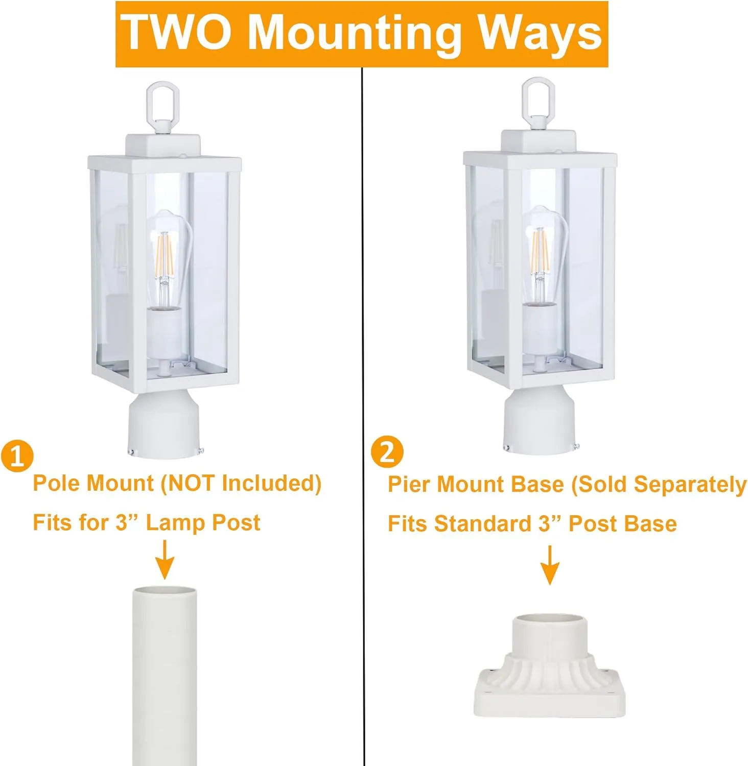 GRUENLICH Outdoor Post Lighting Fixture Pole Lantern, E26 Medium Base Max 60W, Metal Housing Plus Glass, Matte White Finish, Bulb Not Included, 2 Pack
