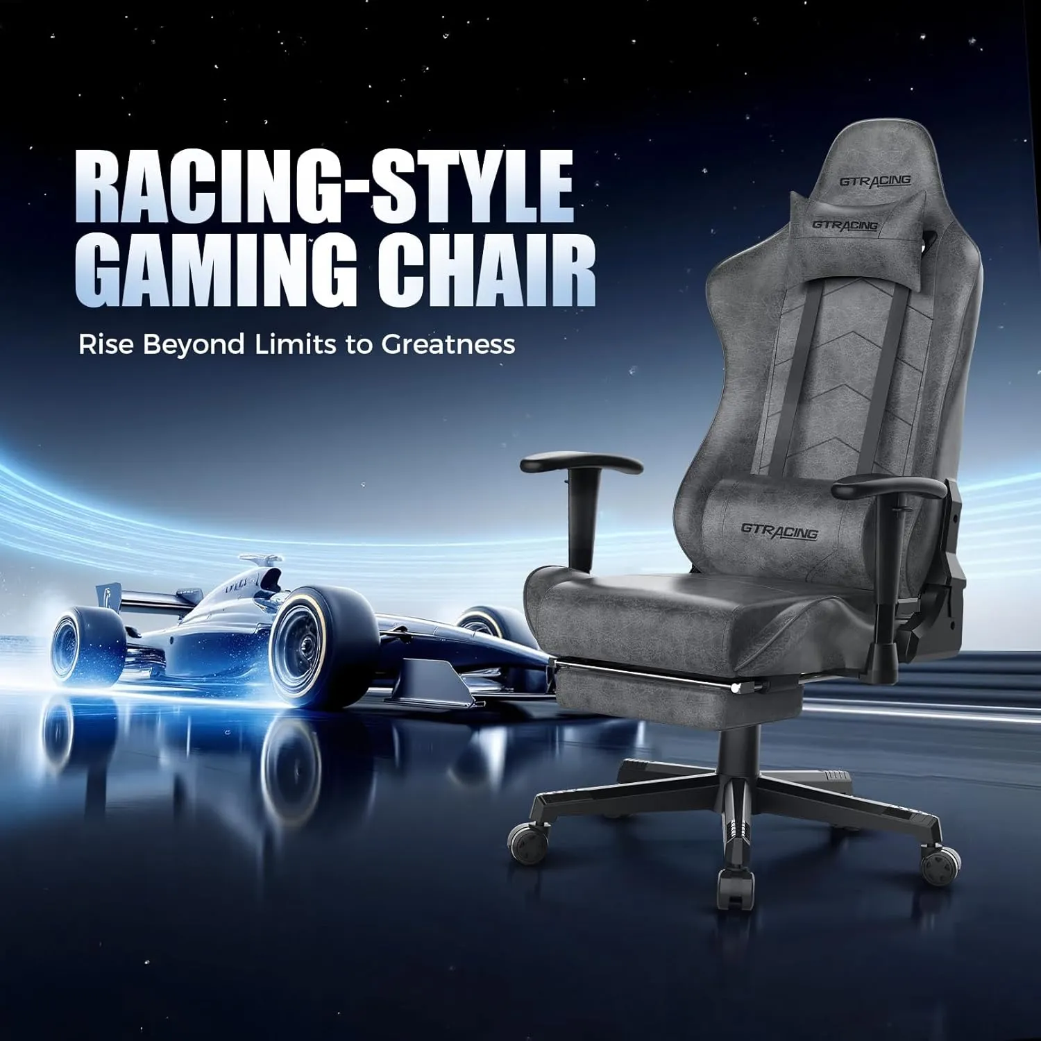 GTRACING Gaming Chair with Footrest, Racing Style Computer Chair for Adult, Adjustable Reclining Backrest and Lumbar Support, Stylish High Back Chair for Gaming and Office (Dark Grey)