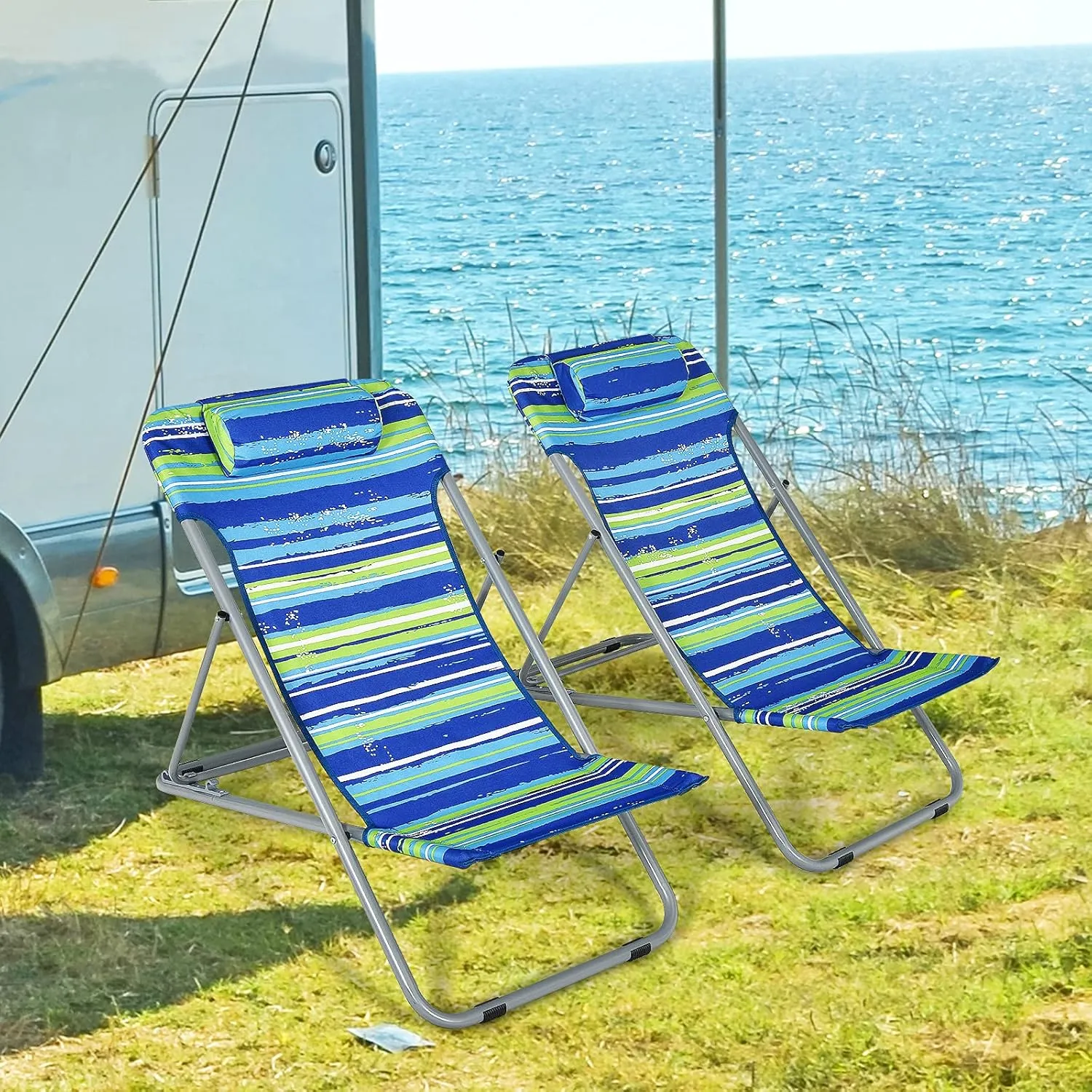 GYMAX Beach Chair, 2Pcs Low Beach Lounge for Adults with 3-Level Adjustable Backrest & Removable Pillow, Portable Reclining Camping Chair for Outside, Patio, Lawn, Poolside, Fishing (4, Blue)