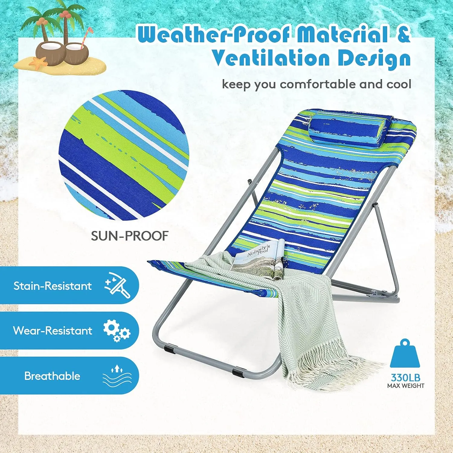 GYMAX Beach Chair, 2Pcs Low Beach Lounge for Adults with 3-Level Adjustable Backrest & Removable Pillow, Portable Reclining Camping Chair for Outside, Patio, Lawn, Poolside, Fishing (4, Blue)