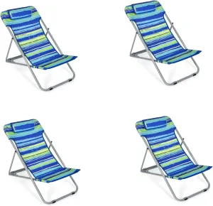 GYMAX Beach Chair, 2Pcs Low Beach Lounge for Adults with 3-Level Adjustable Backrest & Removable Pillow, Portable Reclining Camping Chair for Outside, Patio, Lawn, Poolside, Fishing (4, Blue)