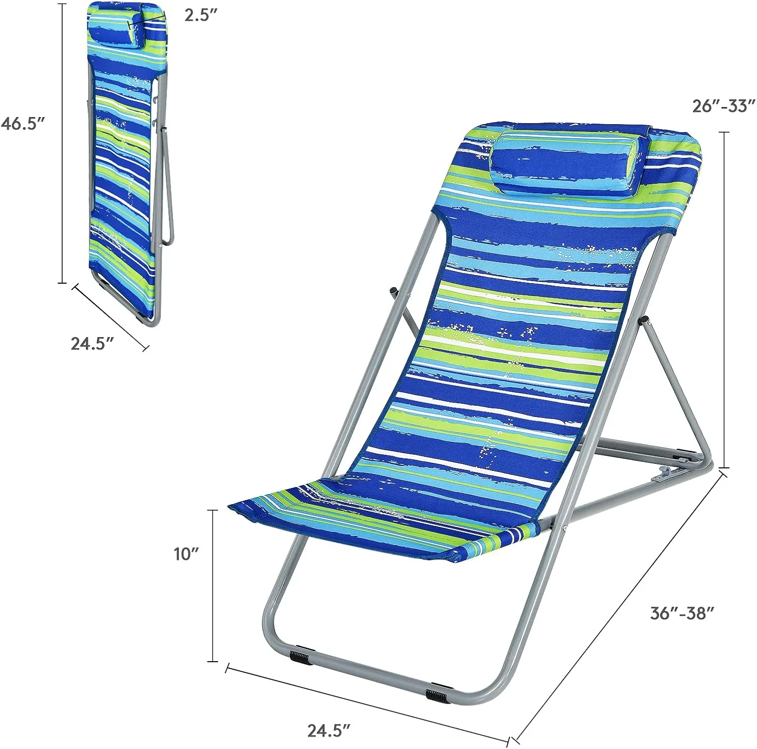 GYMAX Beach Chair, 2Pcs Low Beach Lounge for Adults with 3-Level Adjustable Backrest & Removable Pillow, Portable Reclining Camping Chair for Outside, Patio, Lawn, Poolside, Fishing (4, Blue)