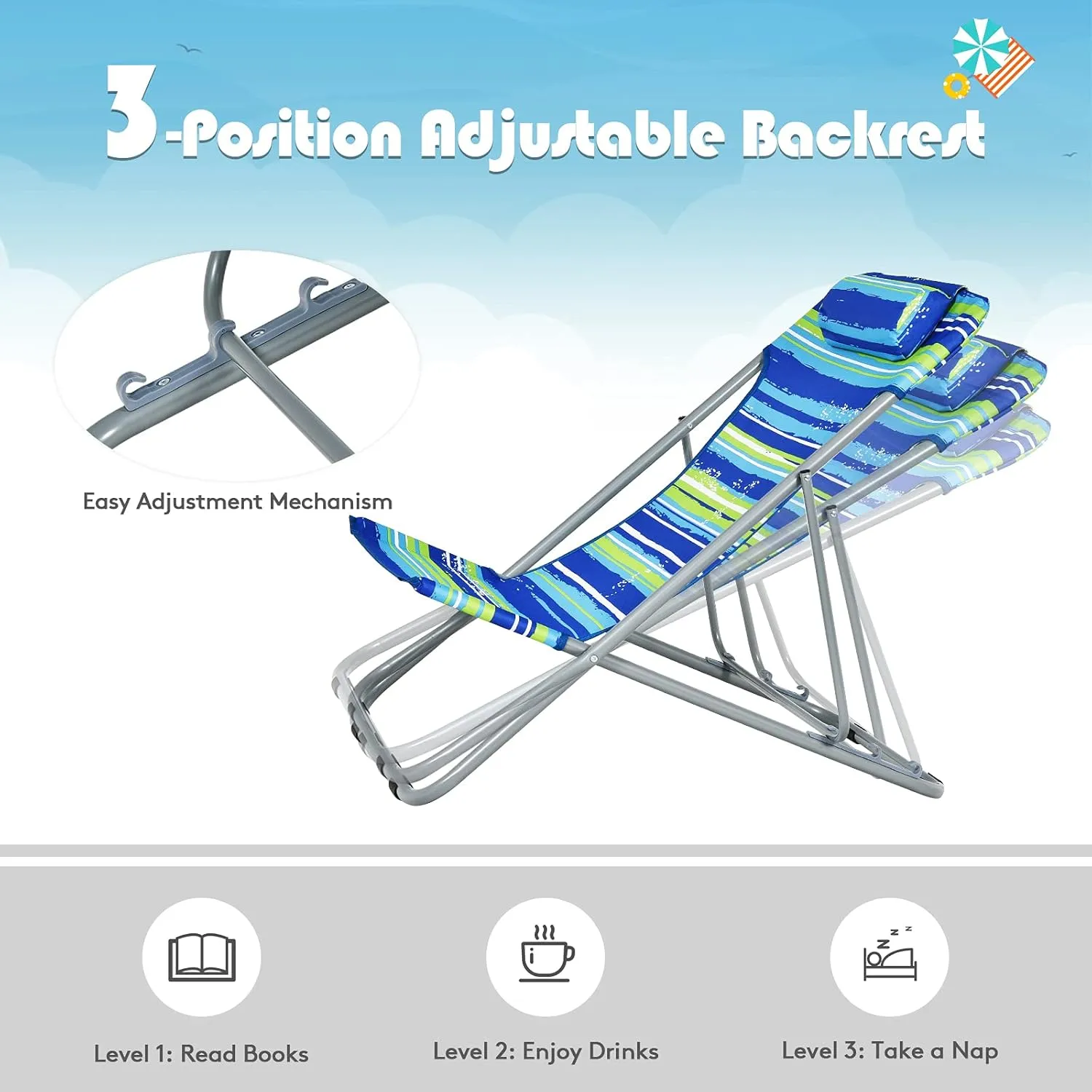 GYMAX Beach Chair, 2Pcs Low Beach Lounge for Adults with 3-Level Adjustable Backrest & Removable Pillow, Portable Reclining Camping Chair for Outside, Patio, Lawn, Poolside, Fishing (4, Blue)