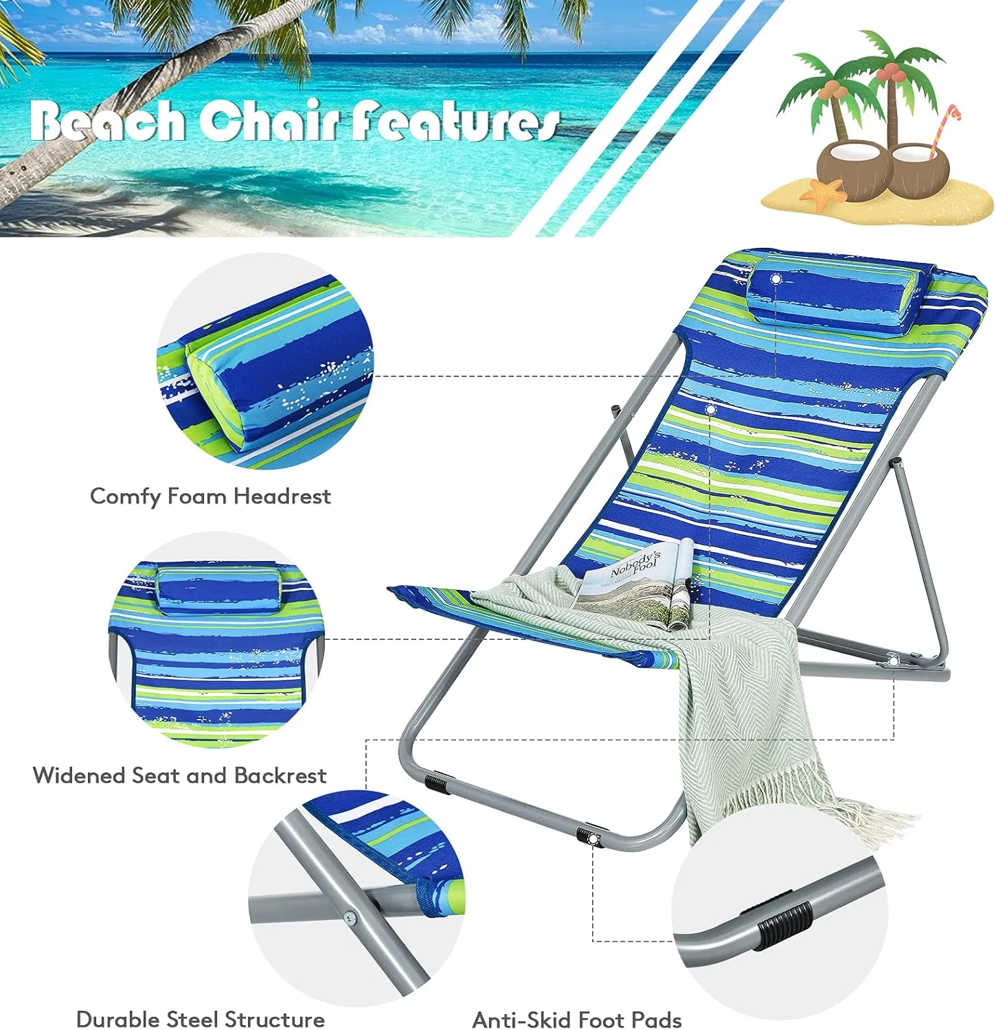GYMAX Beach Chair, 2Pcs Low Beach Lounge for Adults with 3-Level Adjustable Backrest & Removable Pillow, Portable Reclining Camping Chair for Outside, Patio, Lawn, Poolside, Fishing (4, Blue)