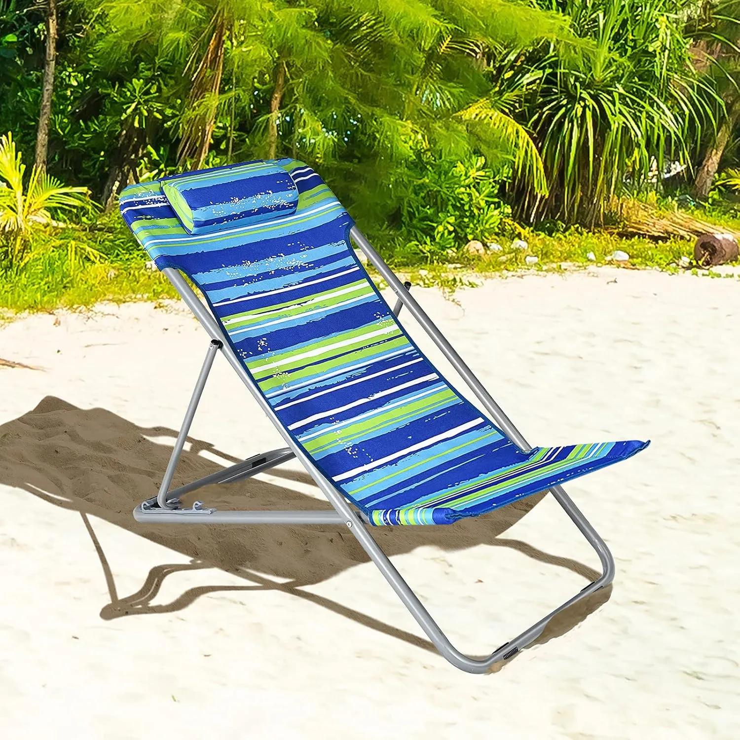 GYMAX Beach Chair, 2Pcs Low Beach Lounge for Adults with 3-Level Adjustable Backrest & Removable Pillow, Portable Reclining Camping Chair for Outside, Patio, Lawn, Poolside, Fishing (4, Blue)