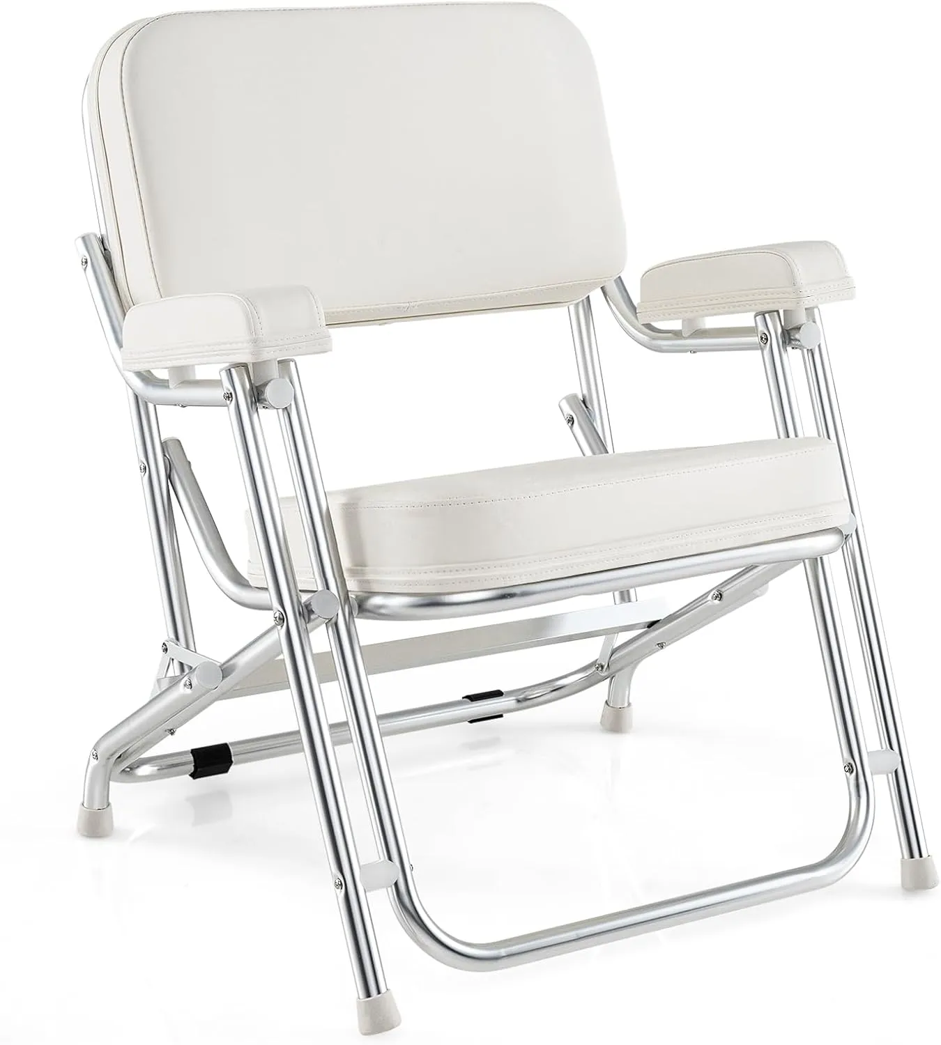 GYMAX Boat Deck Chair, Aluminum Folding Boat Chair with Cushioned Seat & Armrests, Non-Slip Foot Pads, Lock Pin, Folding Deck Chair for Marines, Boats, Yachts, Ships (1)