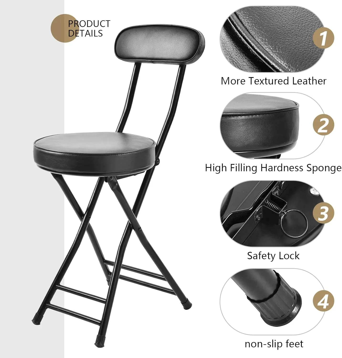 H HOMEWINS Cushioned Padded Folding Stool,23.6-Inch Counter Height Bar Stool,Portable Folding Stool with Handle for Fishing Hiking Gardening Travel BBQ