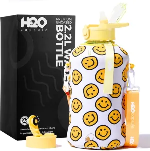 H2O Capsule 2.2L Half Gallon Water Bottle with Storage Sleeve and Covered Straw Lid – BPA Free Large Reusable Drink Container with Handle - Big Sports Jug, 2.2 Liter (74 Ounce)