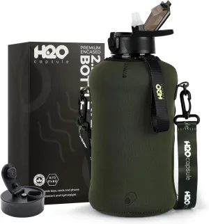 H2O Capsule 2.2L Half Gallon Water Bottle with Storage Sleeve and Covered Straw Lid – BPA Free Large Reusable Drink Container with Handle - Big Sports Jug, 2.2 Liter (74 Ounce)