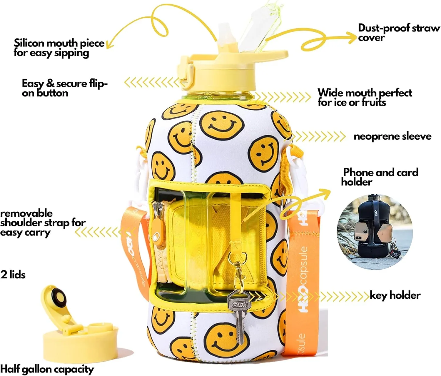 H2O Capsule 2.2L Half Gallon Water Bottle with Storage Sleeve and Covered Straw Lid – BPA Free Large Reusable Drink Container with Handle - Big Sports Jug, 2.2 Liter (74 Ounce)