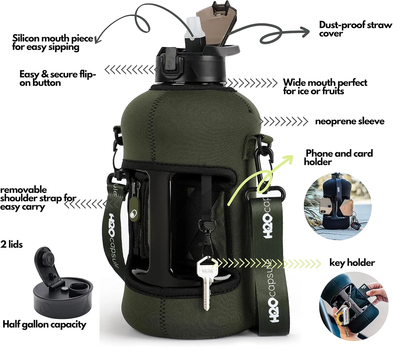 H2O Capsule 2.2L Half Gallon Water Bottle with Storage Sleeve and Covered Straw Lid – BPA Free Large Reusable Drink Container with Handle - Big Sports Jug, 2.2 Liter (74 Ounce)