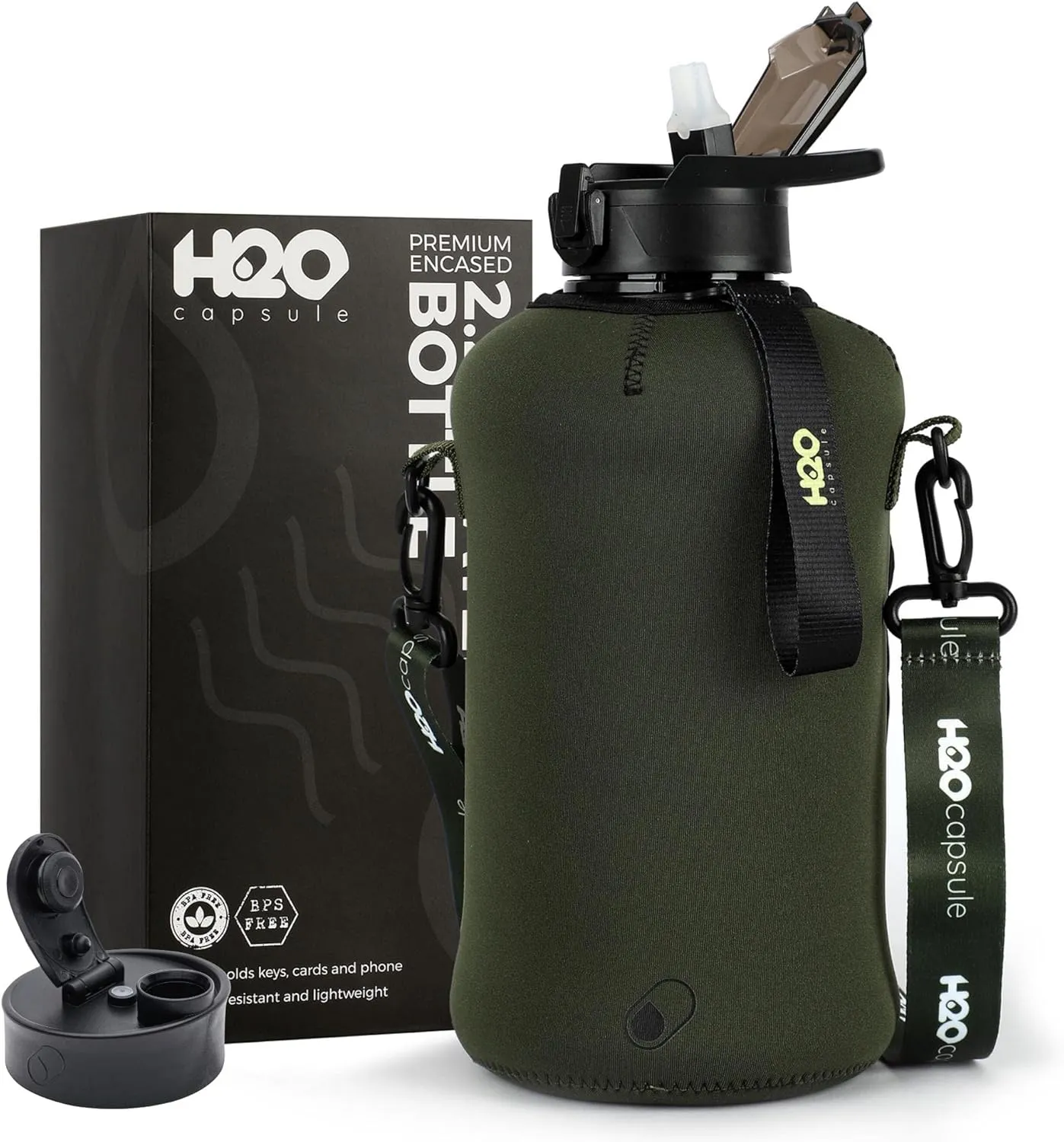 H2O Capsule 2.2L Half Gallon Water Bottle with Storage Sleeve and Covered Straw Lid – BPA Free Large Reusable Drink Container with Handle - Big Sports Jug, 2.2 Liter (74 Ounce)