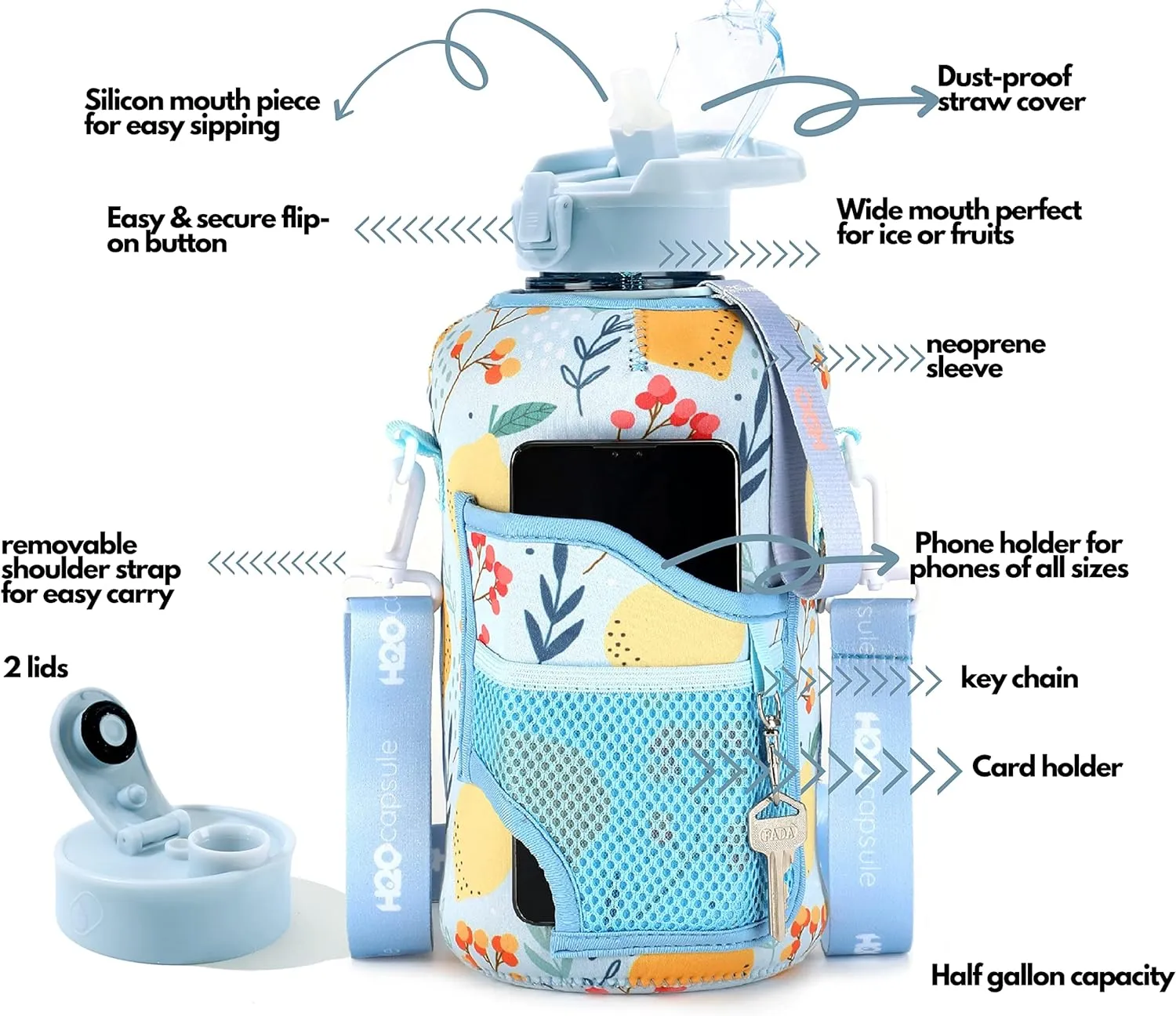 H2O Capsule 2.2L Half Gallon Water Bottle with Storage Sleeve and Removable Straw – BPA Free Large Reusable Drink Container with Handle - Big Sports Jug, 2.2 Liter (74 Ounce), Lemon Drop