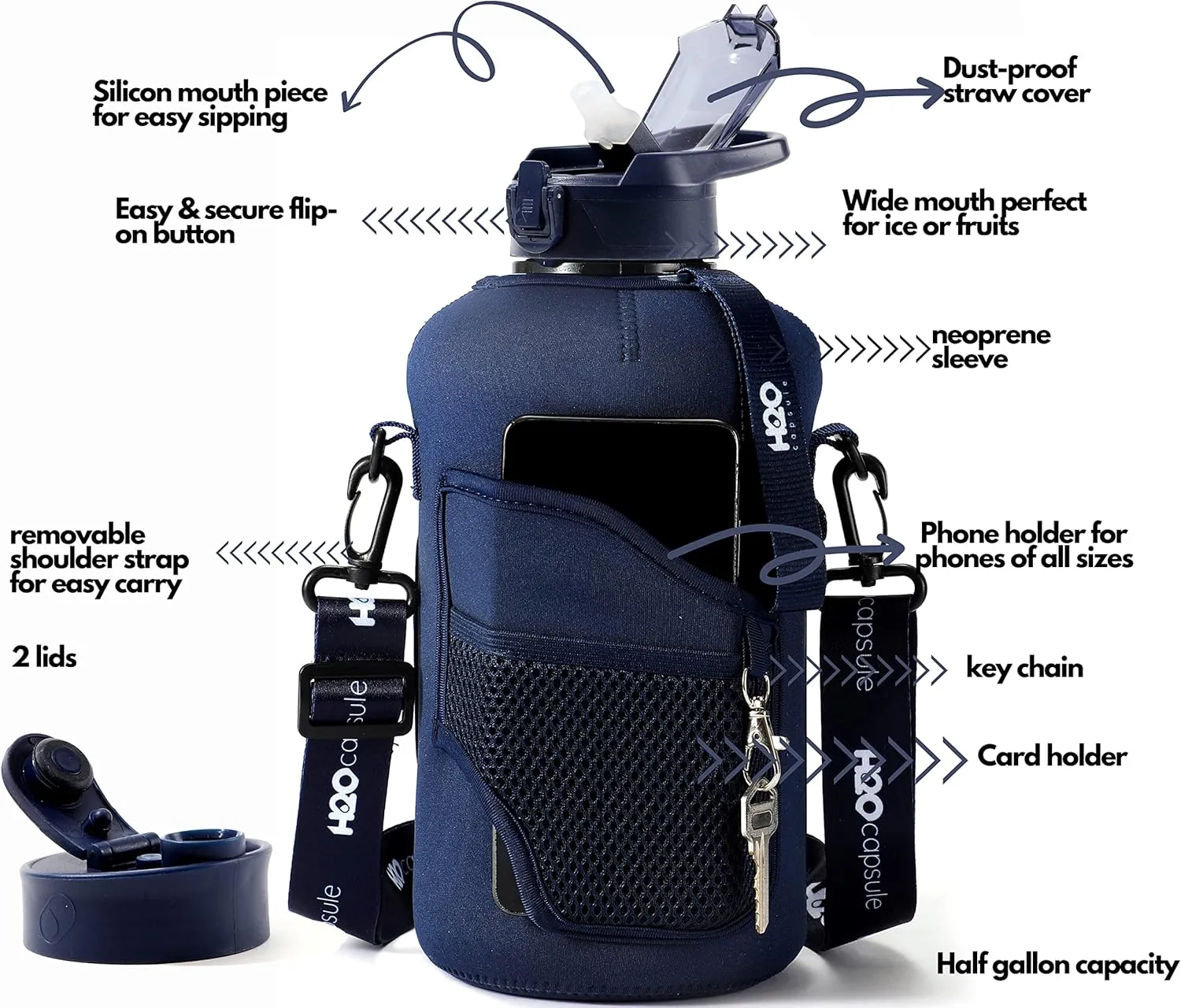 H2O Capsule 2.2L Half Gallon Water Bottle with Storage Sleeve and Removable Straw – BPA Free Large Reusable Drink Container with Handle - Big Sports Jug, 2.2 Liter (74 Ounce), Navy Blue