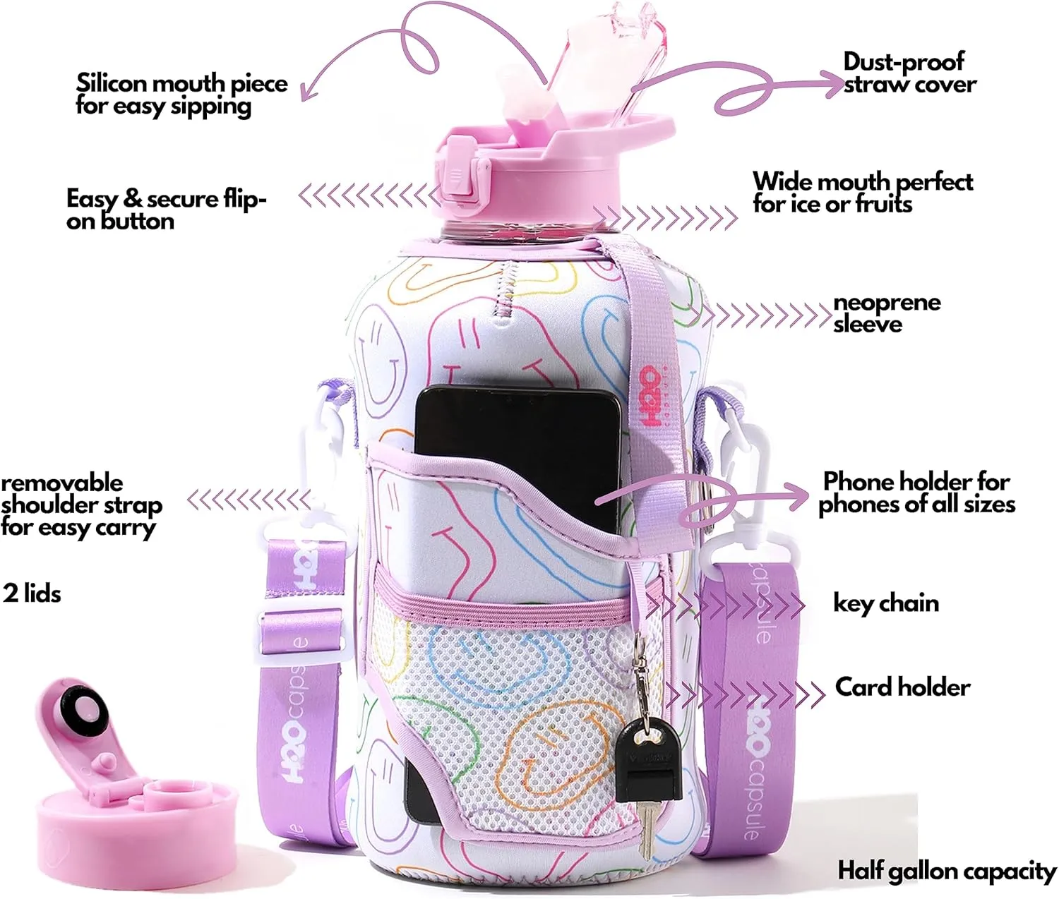 H2O Capsule 2.2L Half Gallon Water Bottle with Storage Sleeve and Removable Straw – BPA Free Large Reusable Drink Container with Handle - Big Sports Jug, 2.2 Liter (74 Ounce), Purple Smiley