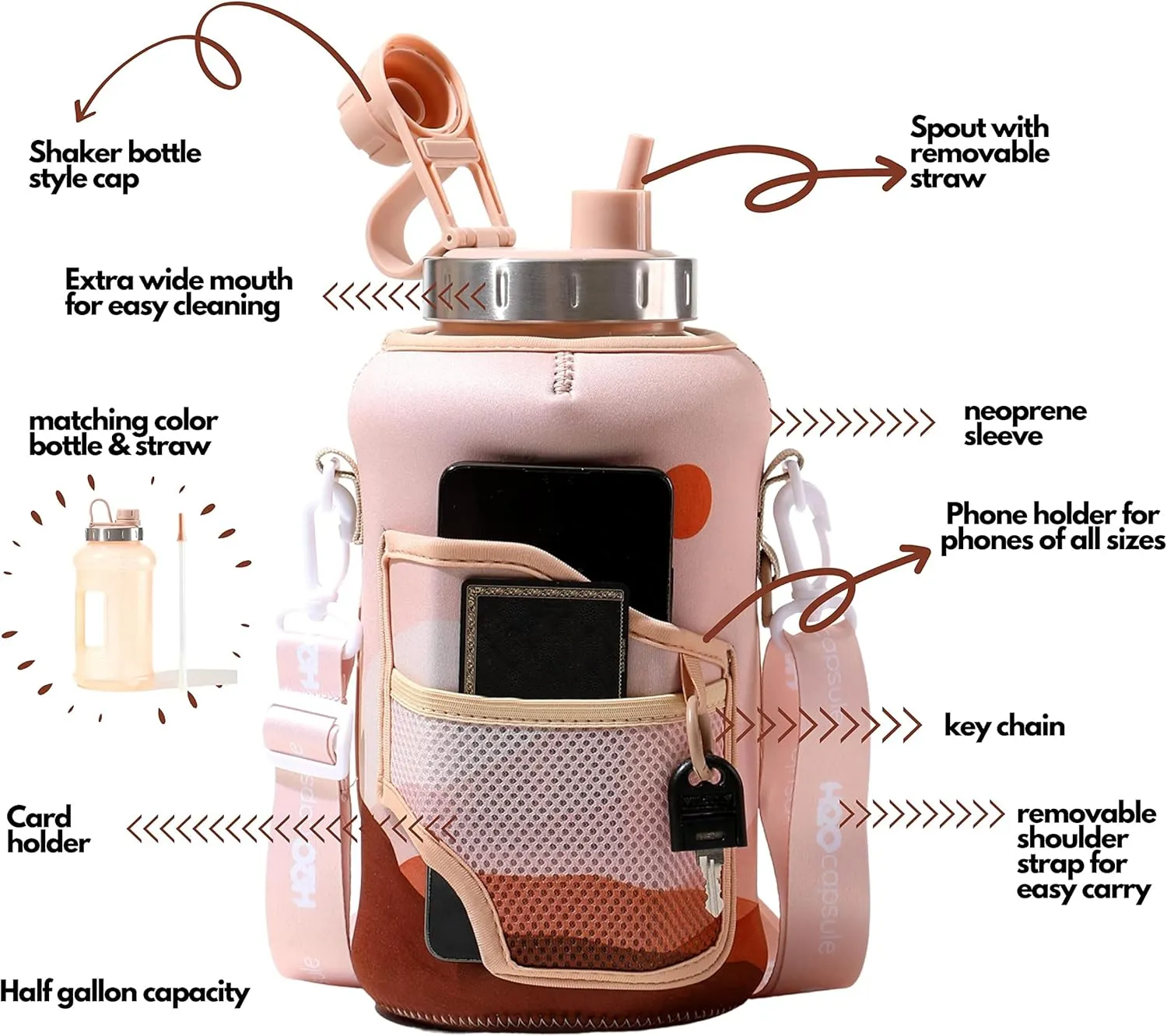 H2O Capsule 2.2L Half Gallon Wide Mouth Water Bottle with Storage Sleeve and Removable Straw - Hydration Tracker Jug with Measurements Marked – Shatterproof BPA-Free, (Mountain Sunset)