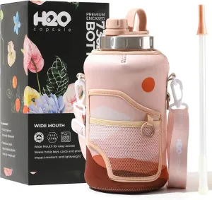 H2O Capsule 2.2L Half Gallon Wide Mouth Water Bottle with Storage Sleeve and Removable Straw - Hydration Tracker Jug with Measurements Marked – Shatterproof BPA-Free, (Mountain Sunset)