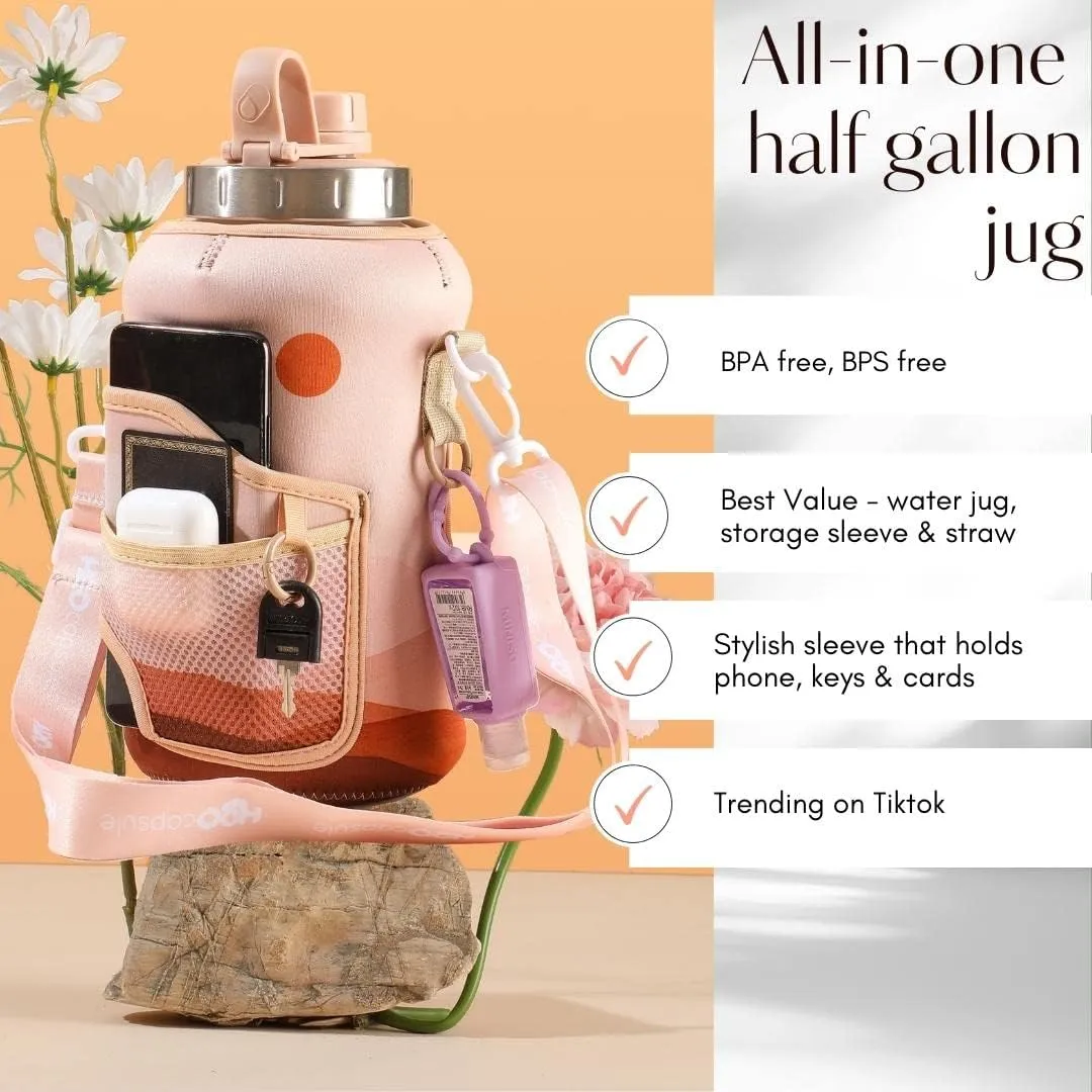 H2O Capsule 2.2L Half Gallon Wide Mouth Water Bottle with Storage Sleeve and Removable Straw - Hydration Tracker Jug with Measurements Marked – Shatterproof BPA-Free, (Mountain Sunset)