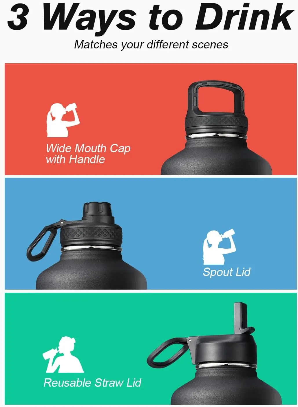 Half Gallon Insulated Water Bottle with Straw & 3 Lids, Coolflask 64 oz Water Jug Large Metal Stainless Steel Wide Mouth for Sports, Gym or Office, Non-BPA Keep Cold 48H Hot 24H, Piano Night