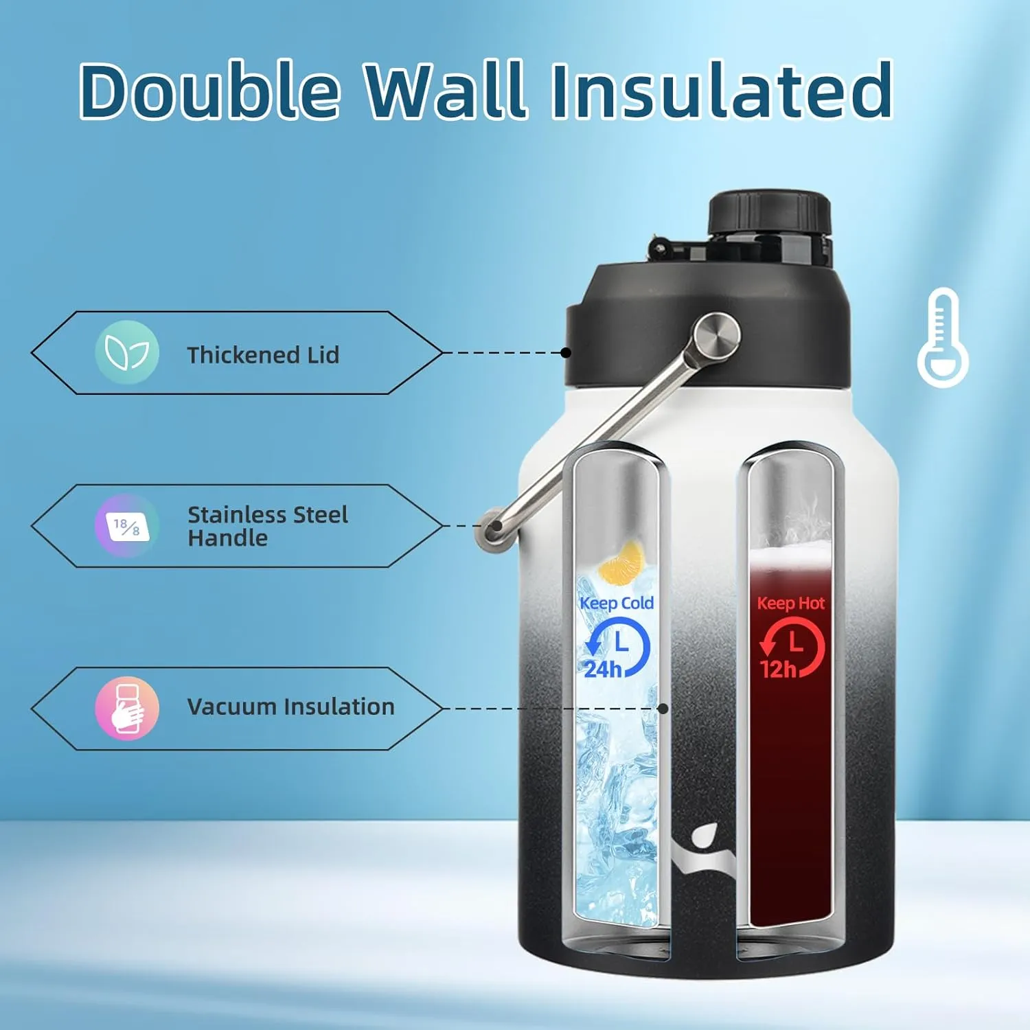 Half Gallon Jug with Handle,64 oz Insulated Water Bottle with Carrying Pouch,Double Wall Vacuum Stainless Steel Metal Bottle,Day Night
