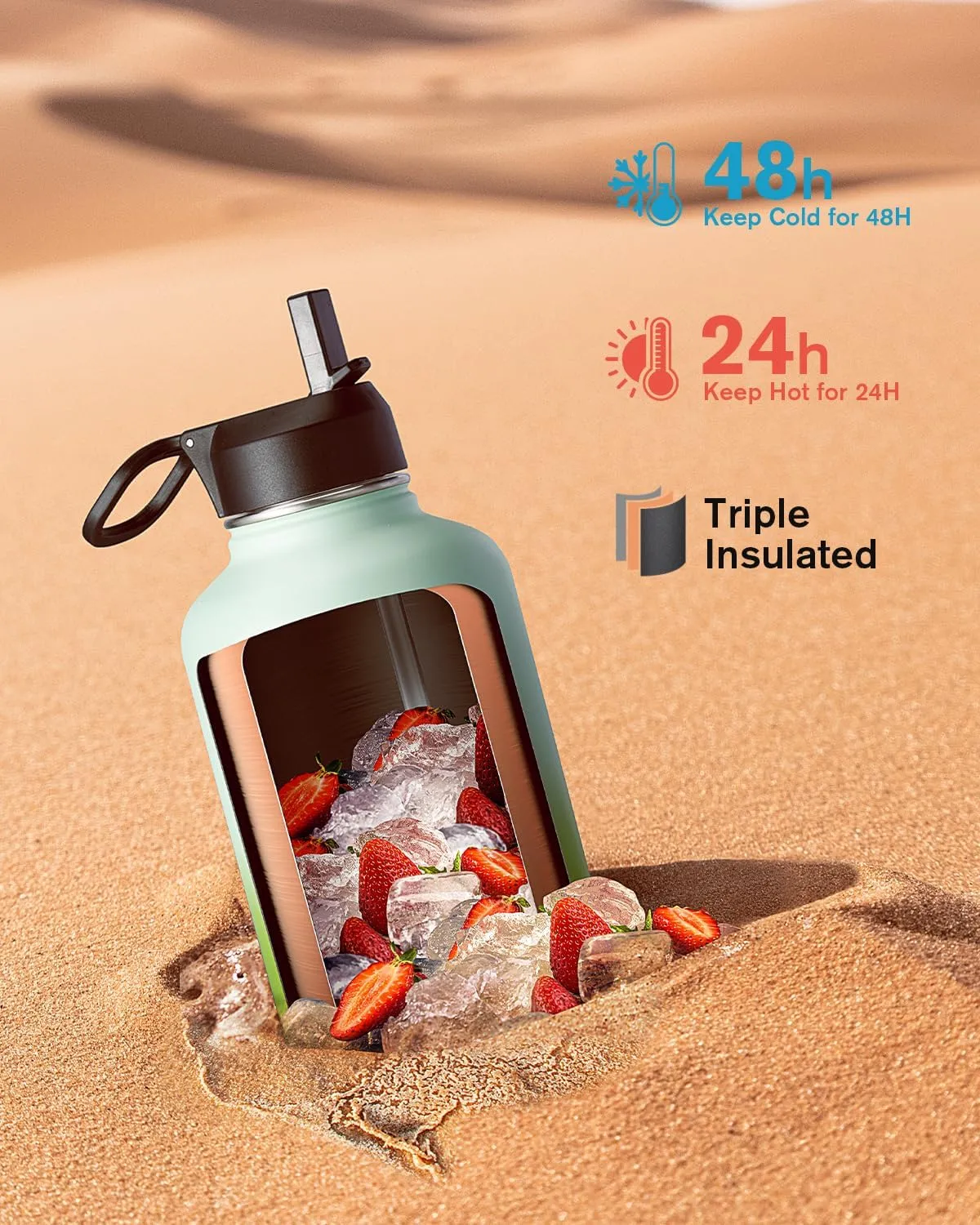 Half Gallon Water Bottle Insulated with Straw & 3 Lids, Coolflask 64 oz Water Jug Large Metal Stainless Steel Wide Mouth for Sports, Gym or Office, Non-BPA Keep Cold 48H Hot 24H, Ombre Green