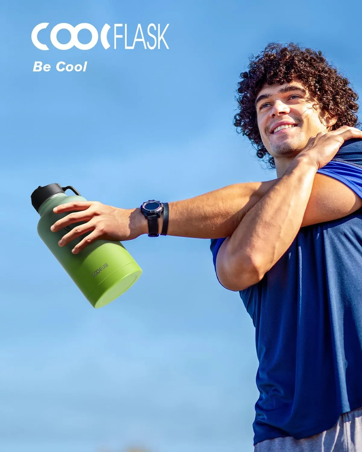 Half Gallon Water Bottle Insulated with Straw & 3 Lids, Coolflask 64 oz Water Jug Large Metal Stainless Steel Wide Mouth for Sports, Gym or Office, Non-BPA Keep Cold 48H Hot 24H, Ombre Green