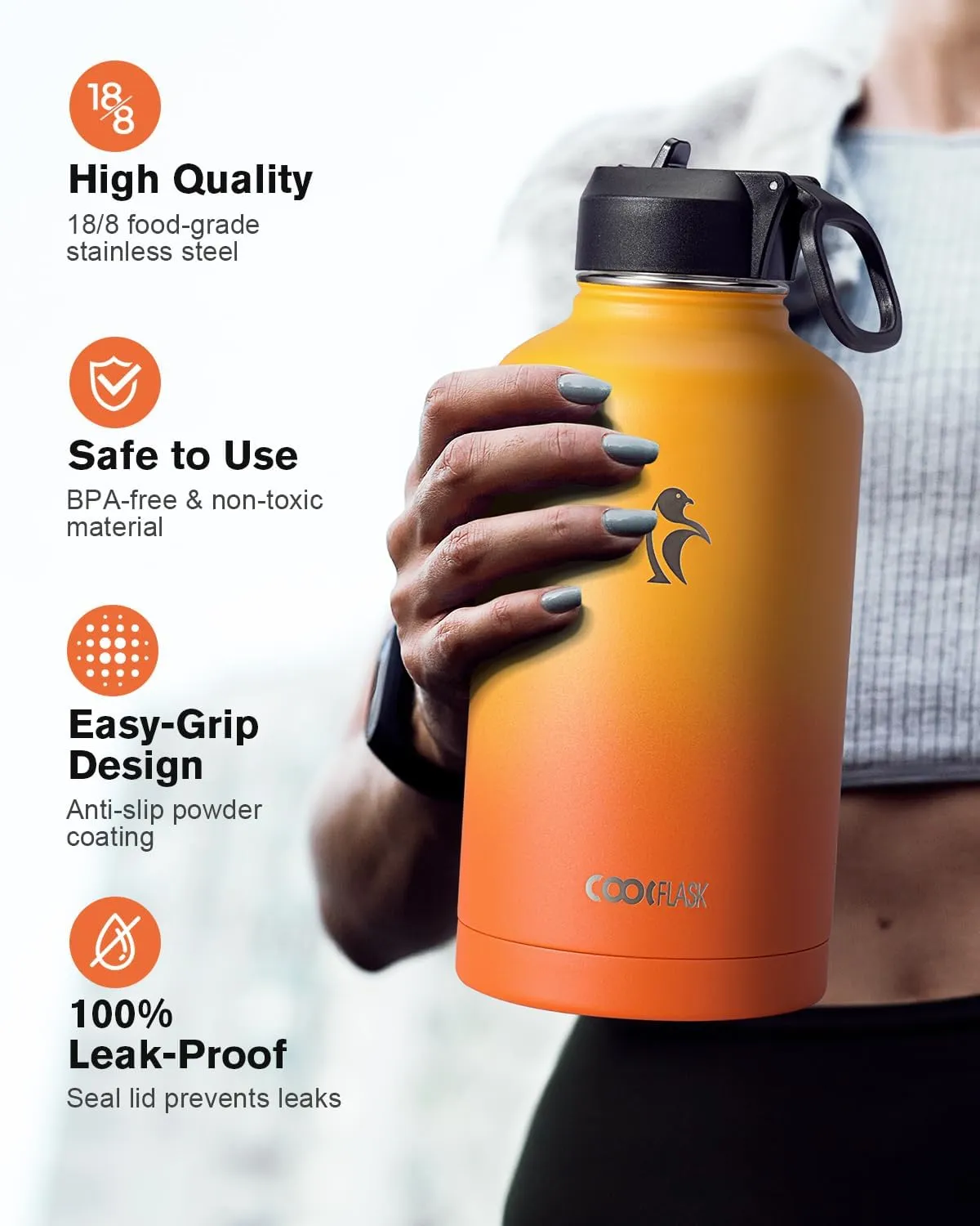 Half Gallon Water Bottle Insulated with Straw & 3 Lids, Coolflask 64 oz Water Jug Large Metal Stainless Steel Wide Mouth for Sports, Gym or Office, Non-BPA Keep Cold 48H Hot 24H, Ombre Yellow/Orange