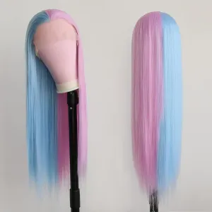 Half Pink Half Blue Lace Front Wigs Long Straight for Women 13x4 Synthetic Hair wig Natural Hairline Cosplay Party Heat Resistant Fiber 24 inches