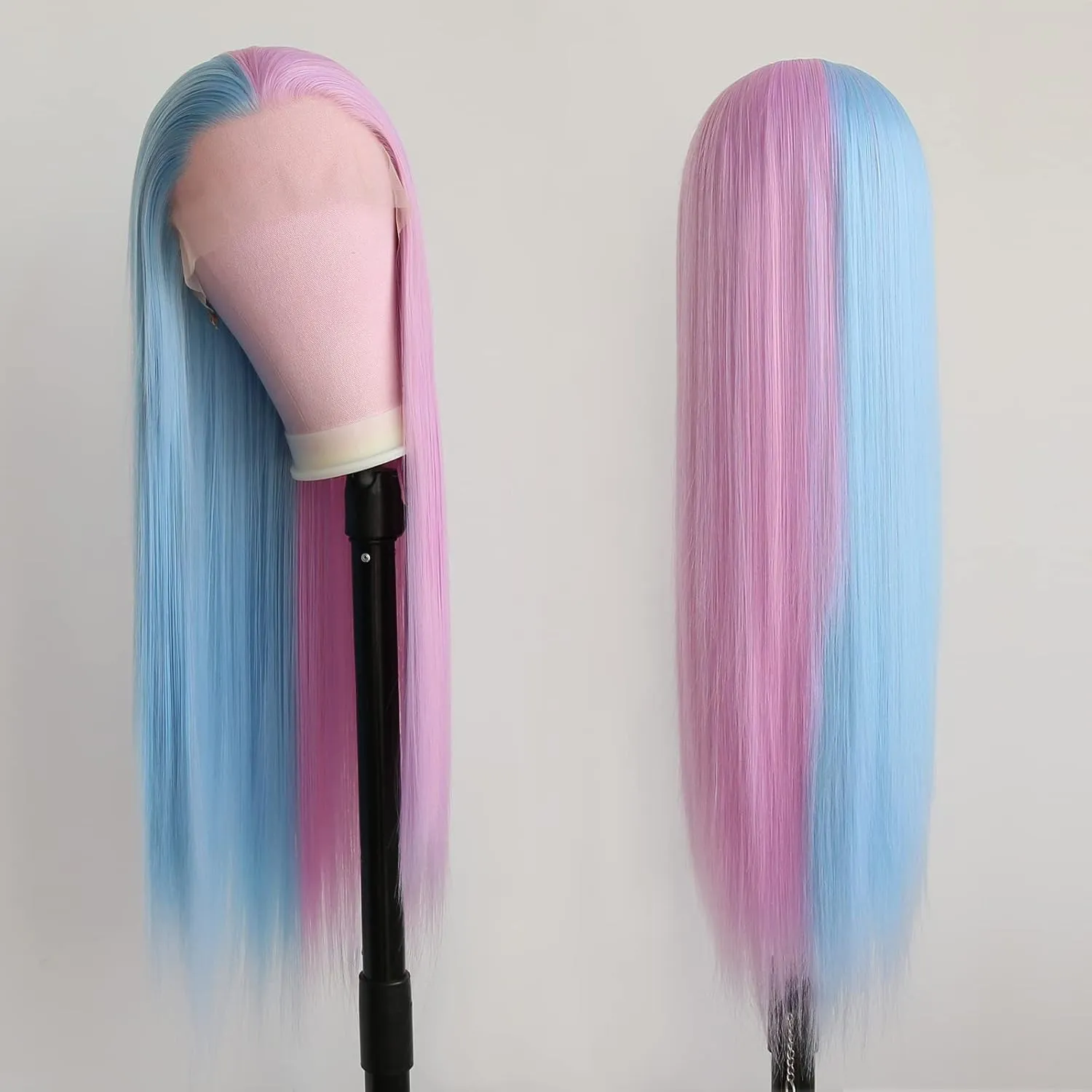 Half Pink Half Blue Lace Front Wigs Long Straight for Women 13x4 Synthetic Hair wig Natural Hairline Cosplay Party Heat Resistant Fiber 24 inches