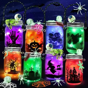 Halloween Crafts for Kids, 8 PCS Mason Jar with Accessories for DIY Craft & Art Party Favor Supplies, Halloween Decoration Trick or Treating, Classroom Art Activities