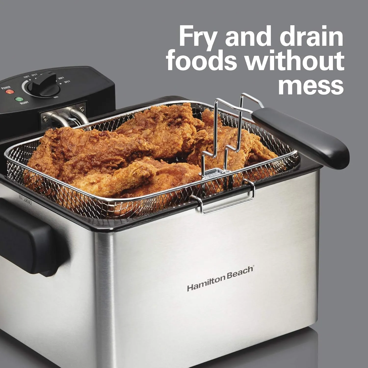 Hamilton Beach 35042 Professional Style Electric Deep Fryer, Frying Basket with Hooks, 1800 Watts, 5 Liter, Stainless Steel