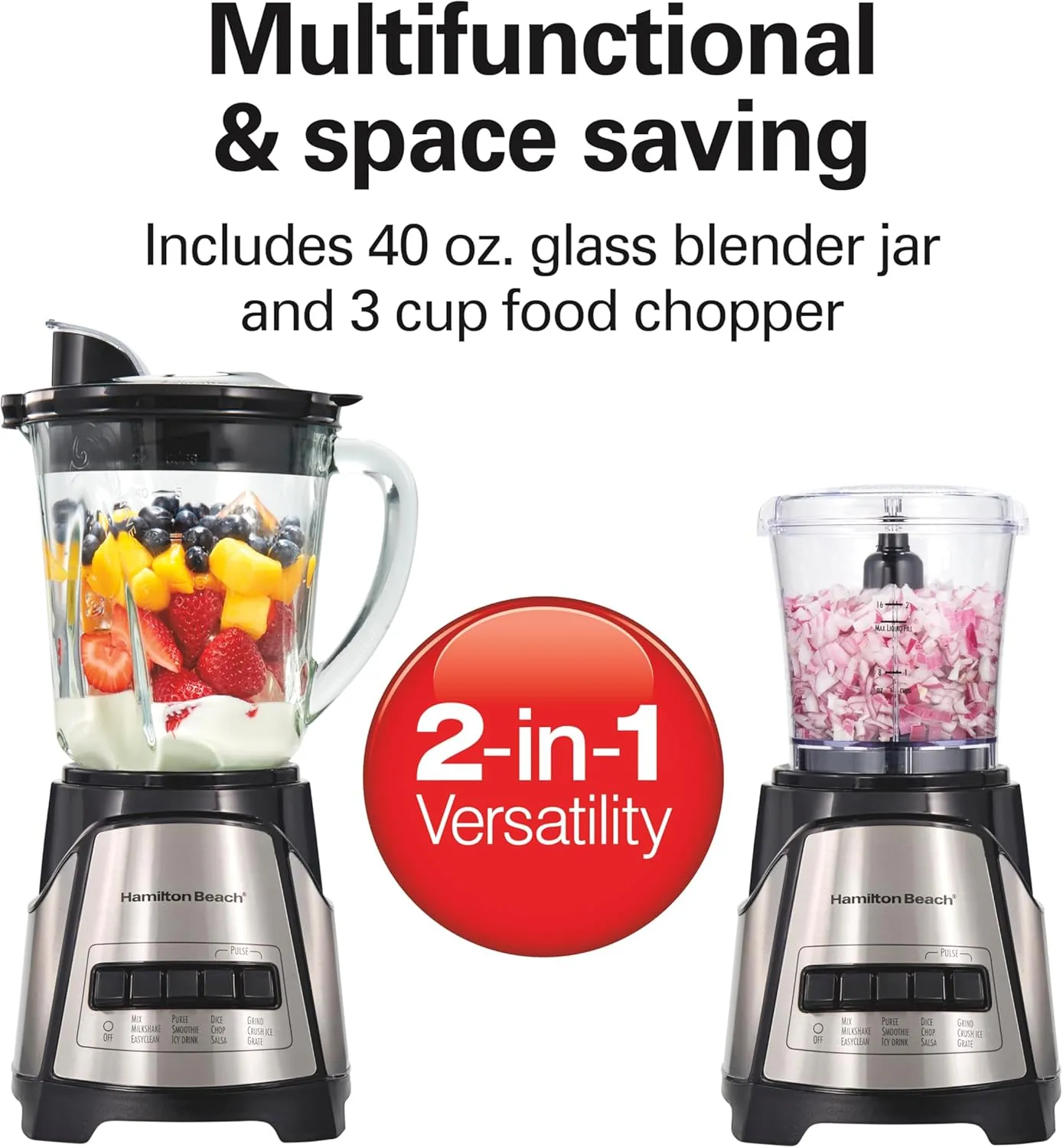 Hamilton Beach Power Elite Blender for Smoothies with 3-Cup Vegetable Chopper Mini Food Processor, 40oz Glass Jar, 12 Functions for Puree, Ice Crush, Black and Stainless Steel (58149)