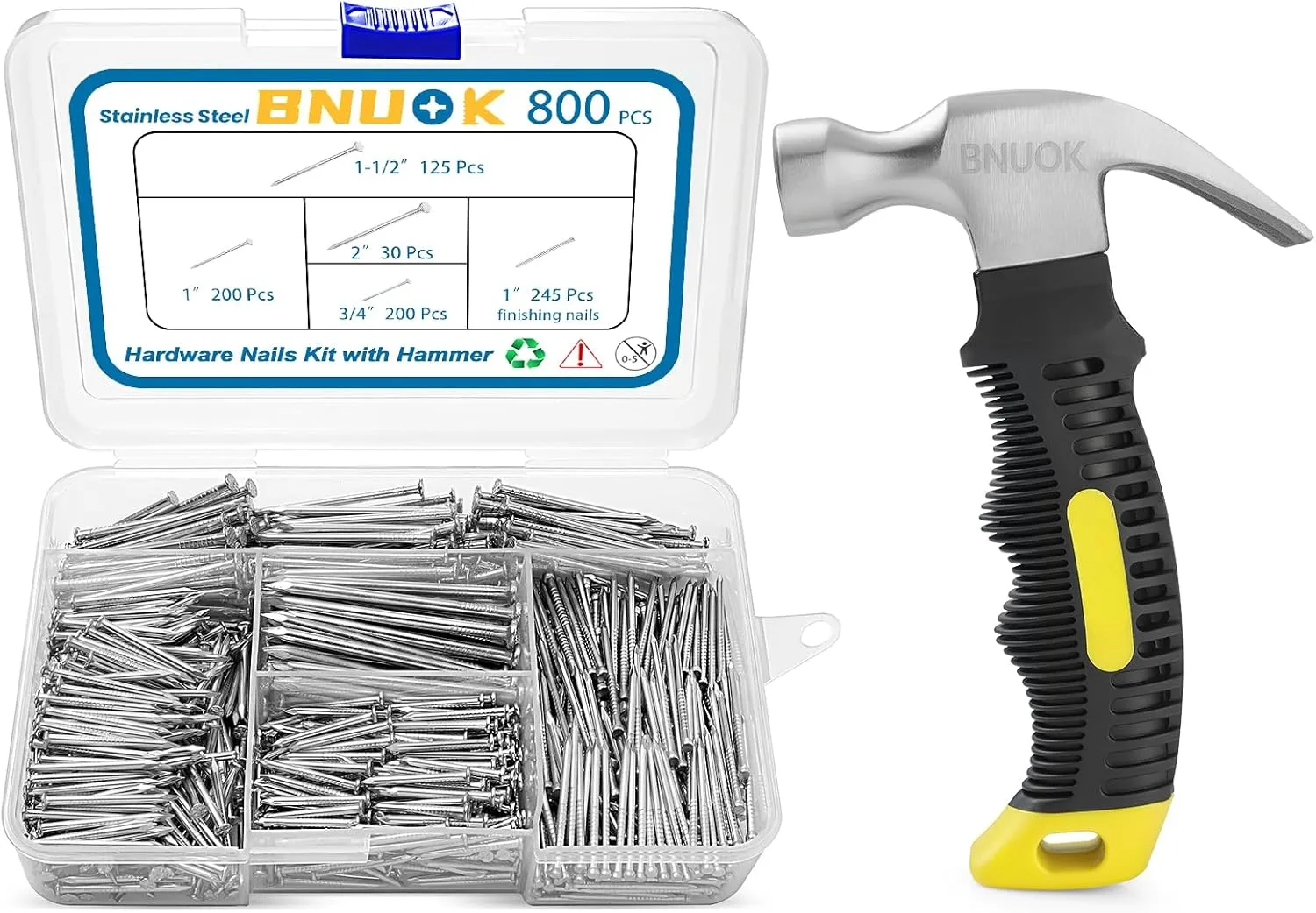 Hardware Nails Assortment Kit and 8oz Small Hammer, 800 PCS Nails for Hanging Pictures,Hammer and Nail Set, Small Hammers for Picture Hanging