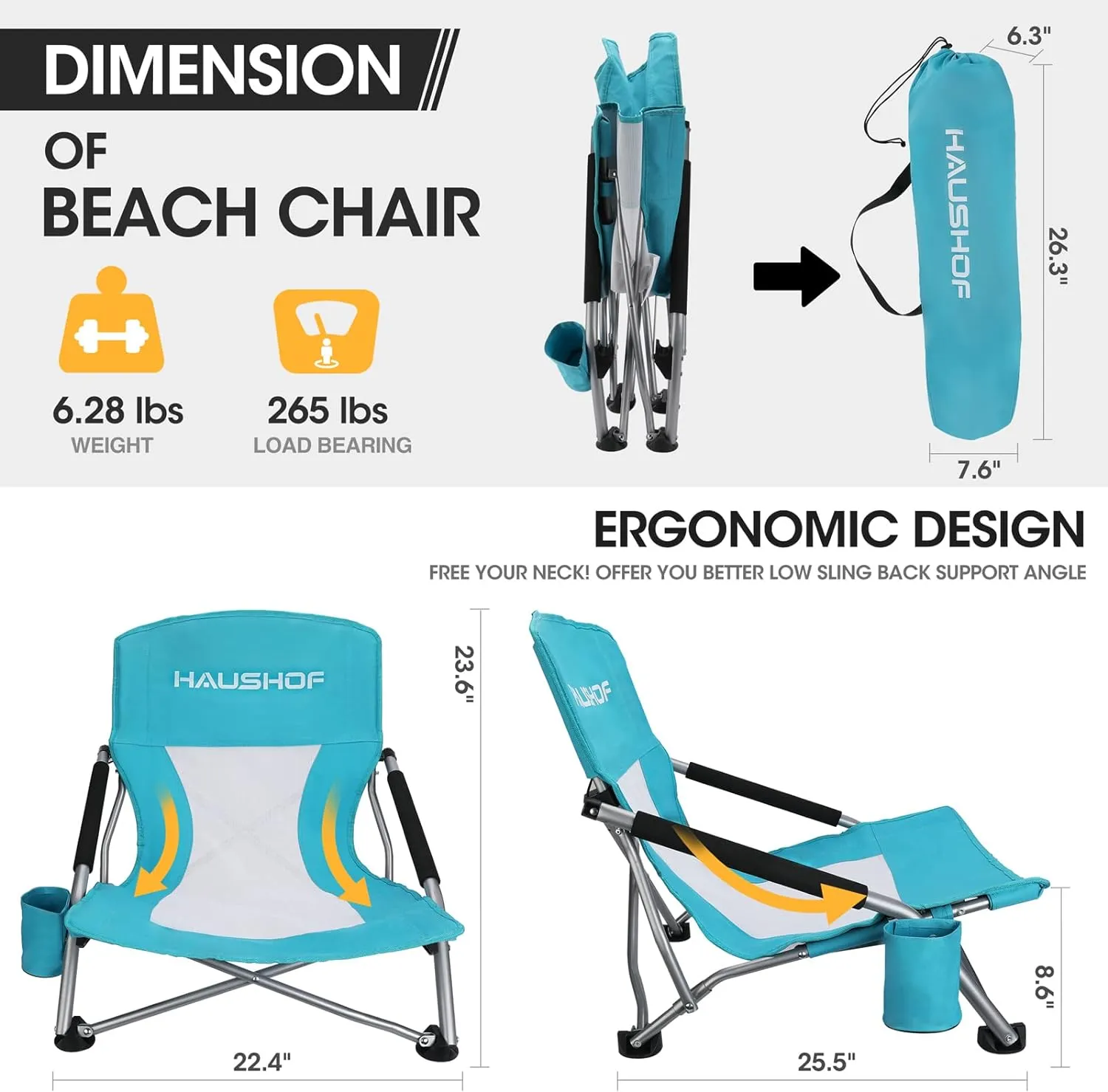 HAUSHOF Low Beach Chair, Mesh Back Folding Chair, Lightweight Low Seat Camping Chairs with Cup Holder, Carry Bag, Padded Armrest, for Outdoor Beach Lawn Camping Picnic Festival