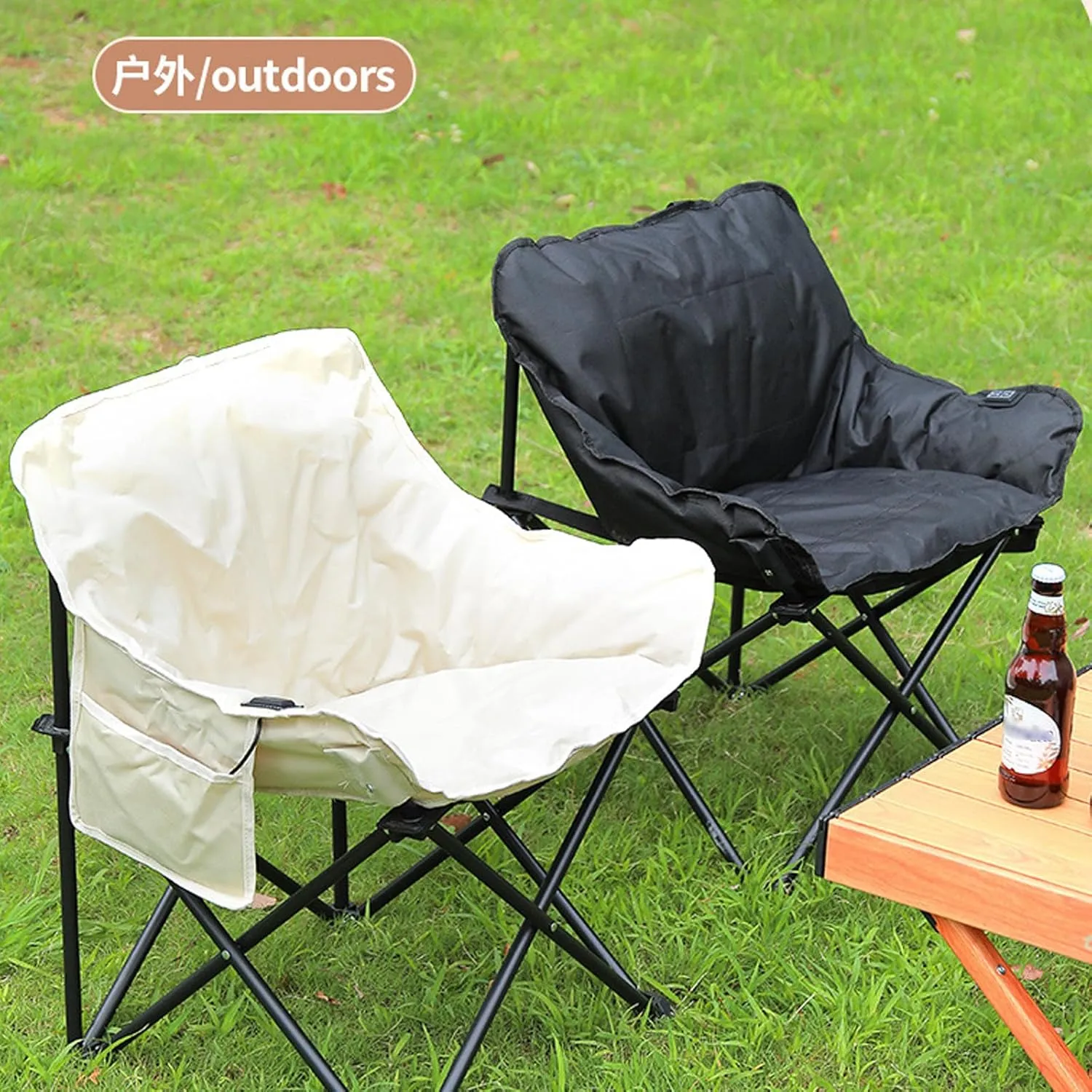 Heated Camping Chair, Portable Moon Camping Chair, Oversized Heated Camping Chair with 3 Heat Levels, Padded Camping Chair Supports 420lbs, Portable Folding Heated Outdoor Chair,Black-66x43x43cm