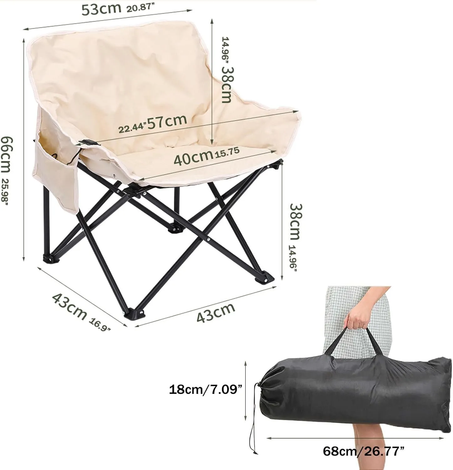 Heated Camping Chair, Portable Moon Camping Chair, Oversized Heated Camping Chair with 3 Heat Levels, Padded Camping Chair Supports 420lbs, Portable Folding Heated Outdoor Chair,Black-66x43x43cm