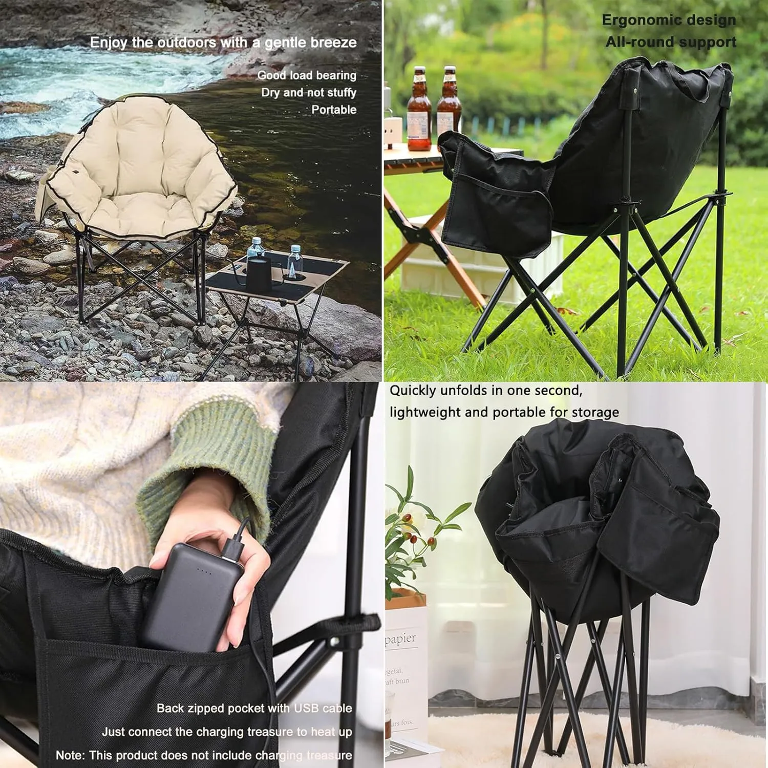 Heated Camping Chair, Portable Moon Camping Chair, Oversized Heated Camping Chair with 3 Heat Levels, Padded Camping Chair Supports 420lbs, Portable Folding Heated Outdoor Chair,Black-66x43x43cm