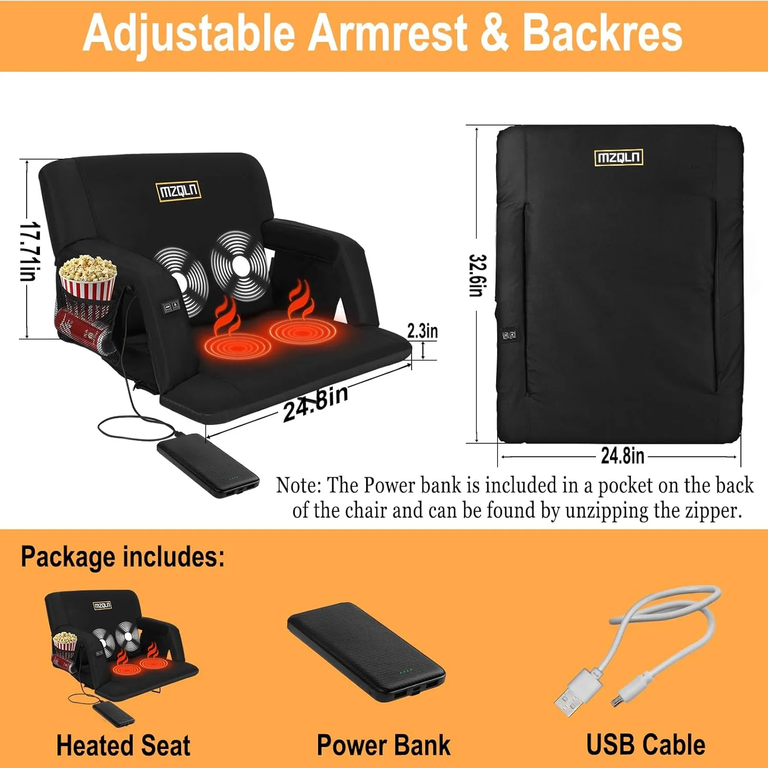Heated Massage Reclining Stadium Seat, 25 Inch Bleacher Chair with 10000mAh Portable Bank, 6 Reclining Positions for Camping, Games & Sports