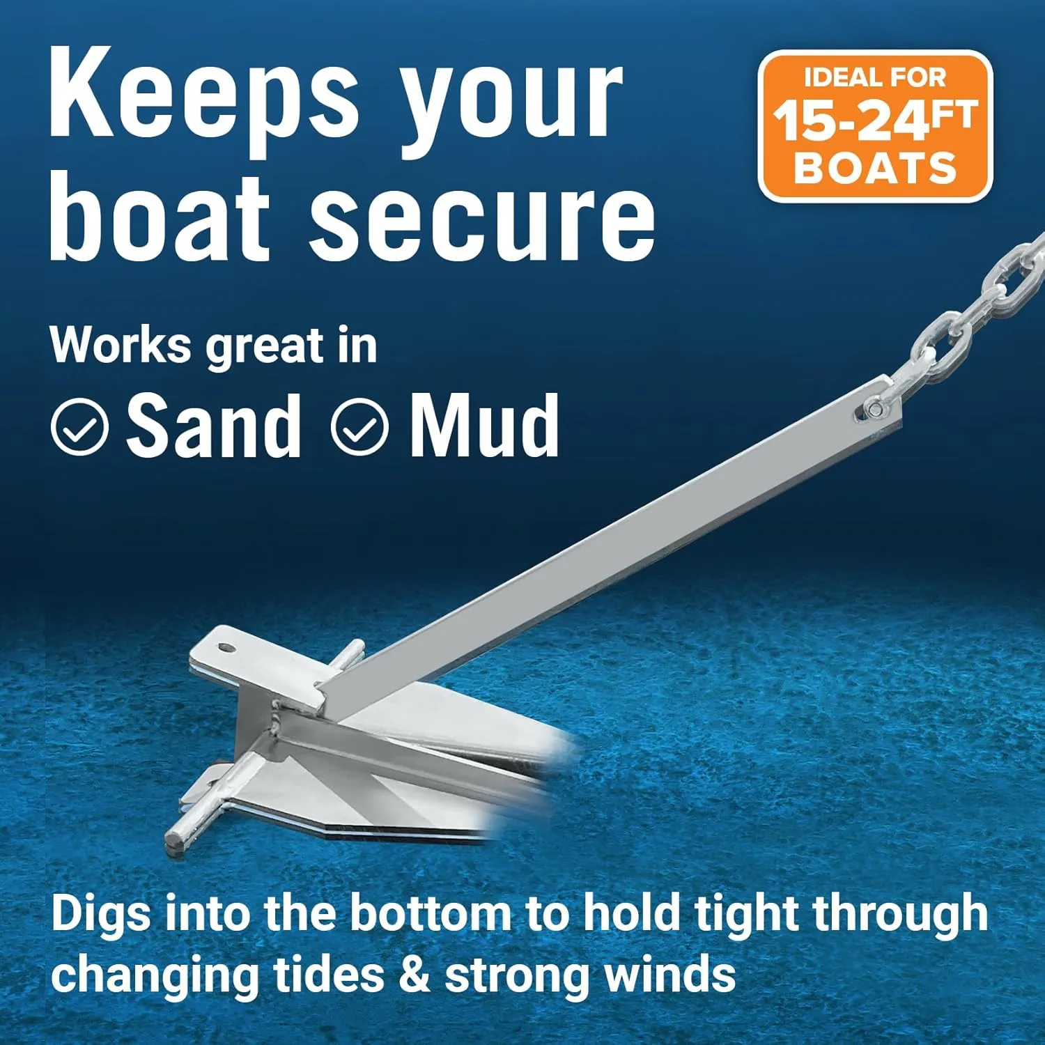 Heavy Duty Boat Anchor Kit, Fluke Design with Chain and Rope Set, for Pontoon, Deck, Fishing, and Sailboats of Various Sizes