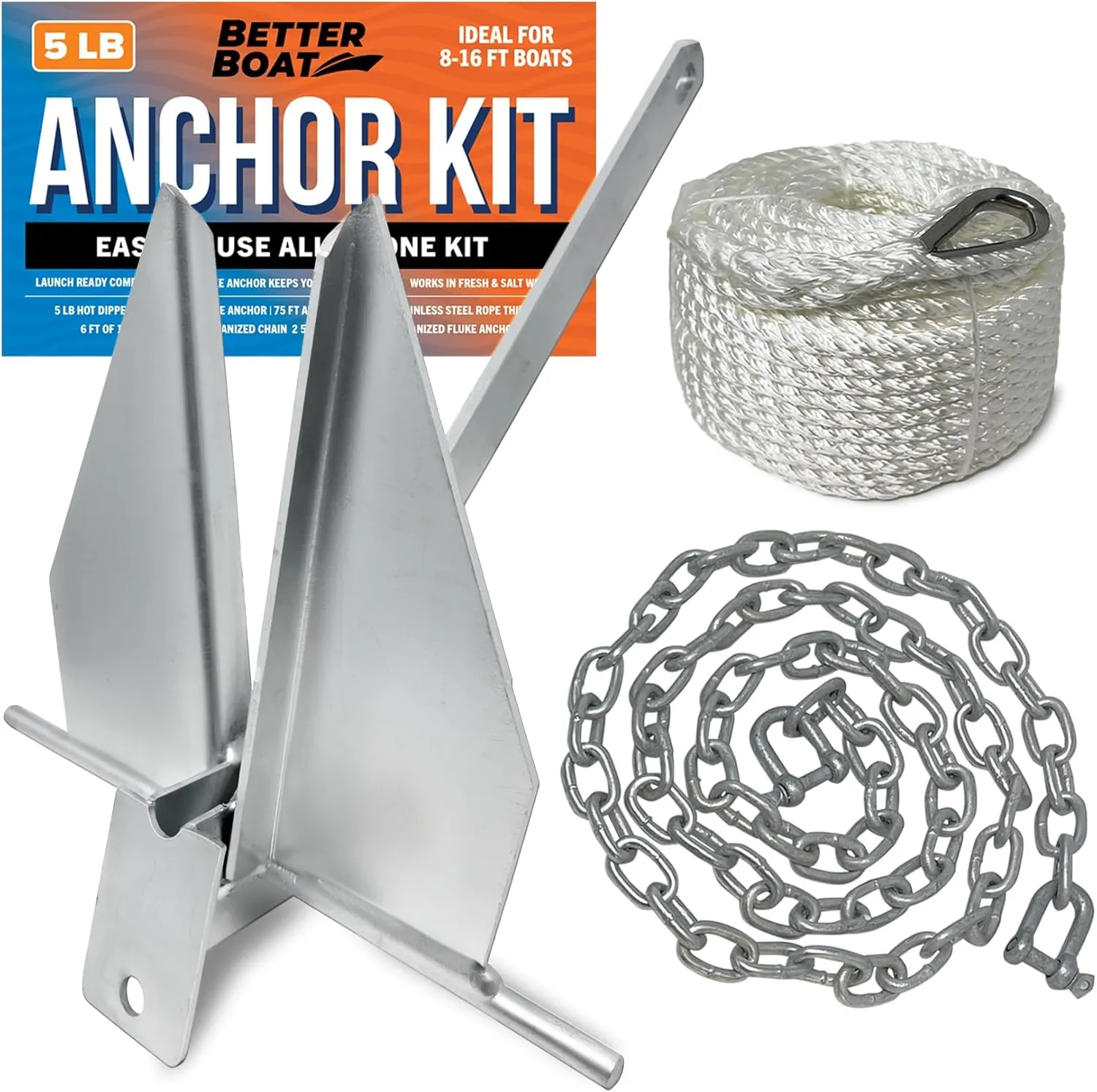Heavy Duty Boat Anchor Kit, Fluke Design with Chain and Rope Set, for Pontoon, Deck, Fishing, and Sailboats of Various Sizes