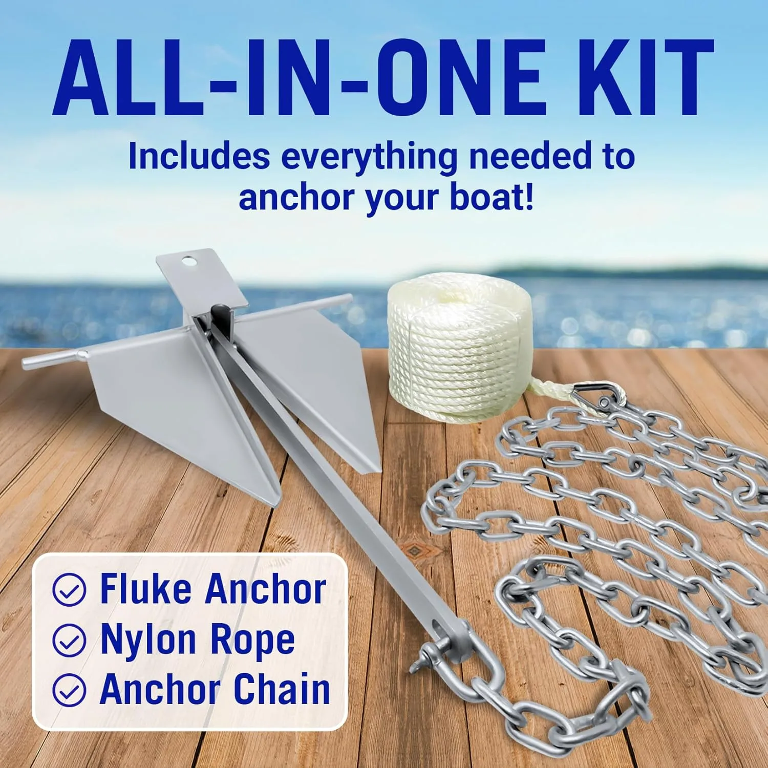 Heavy Duty Boat Anchor Kit, Fluke Design with Chain and Rope Set, for Pontoon, Deck, Fishing, and Sailboats of Various Sizes