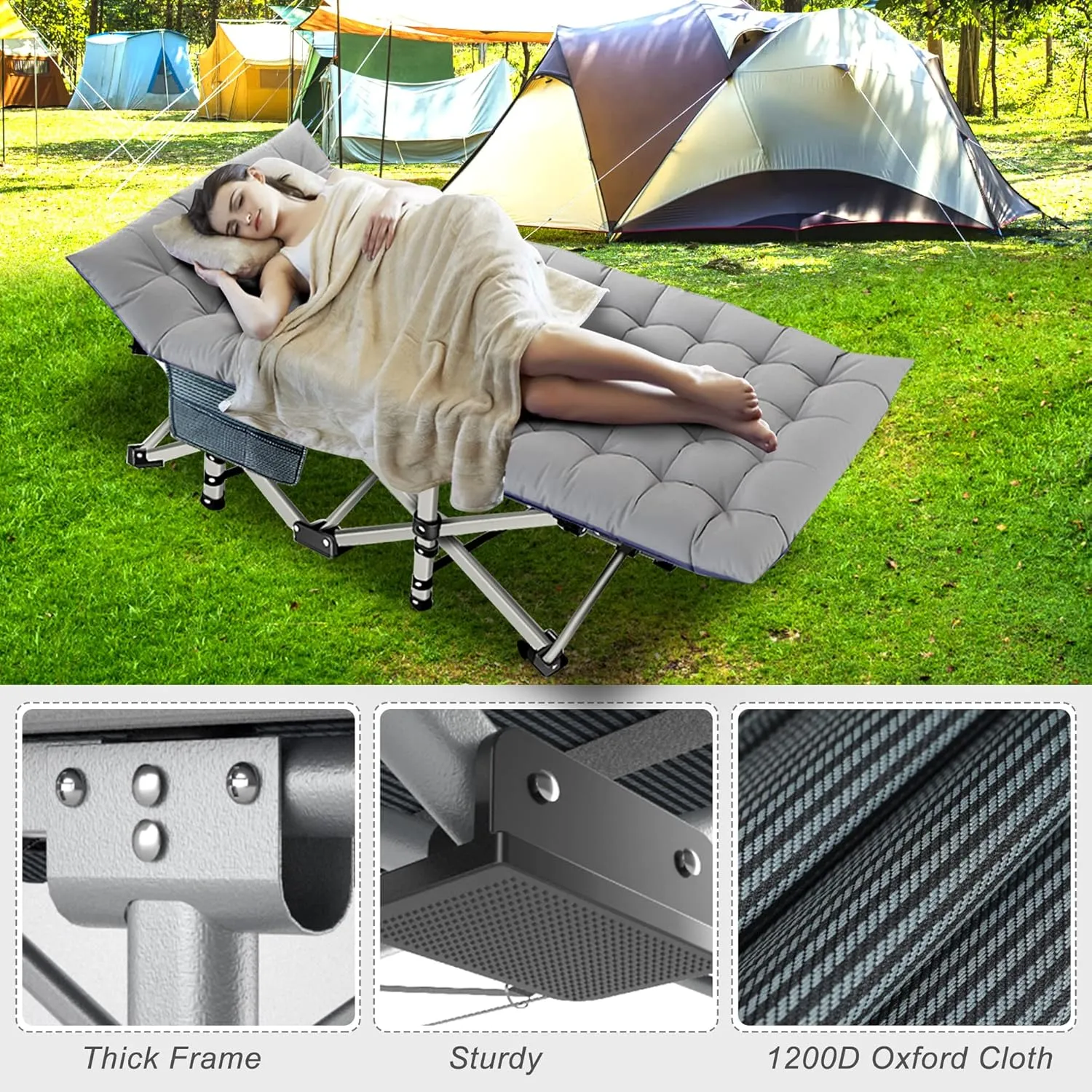 Heavy Duty Folding Camping Cot for Adults with Carry Bag, 1200D Oxford Travel Bed, Portable Outdoor Camping Bed with Mat for Comfortable Sleep