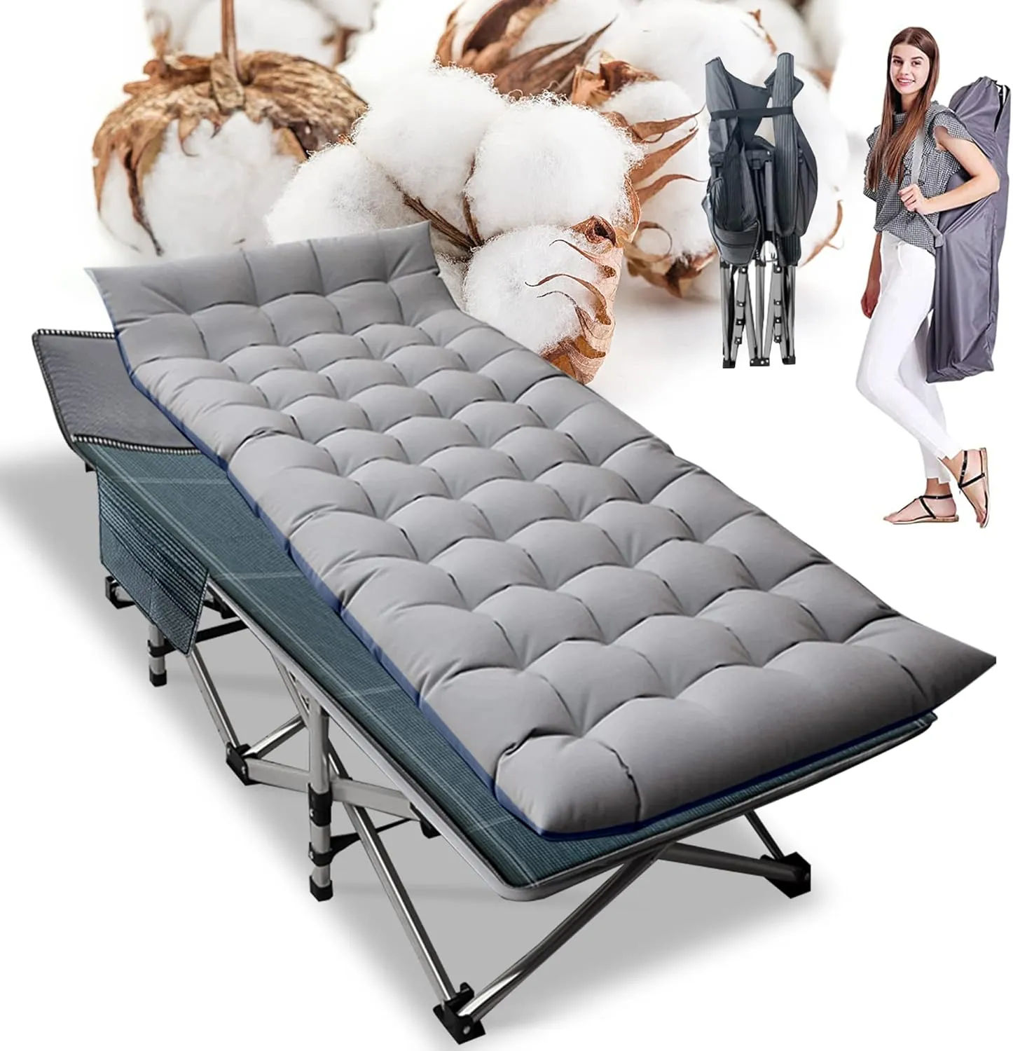 Heavy Duty Folding Camping Cot for Adults with Carry Bag, 1200D Oxford Travel Bed, Portable Outdoor Camping Bed with Mat for Comfortable Sleep