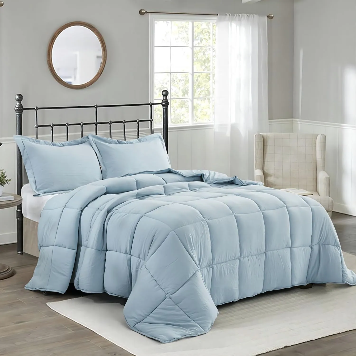 HIG Pre Washed Down Alternative Comforter Set Queen - Reversible Chic Quilt Design - Box Stitched with 4 Corner Tabs - Lightweight for All Season - Blue Duvet Comforter with 2 Pillow Shams