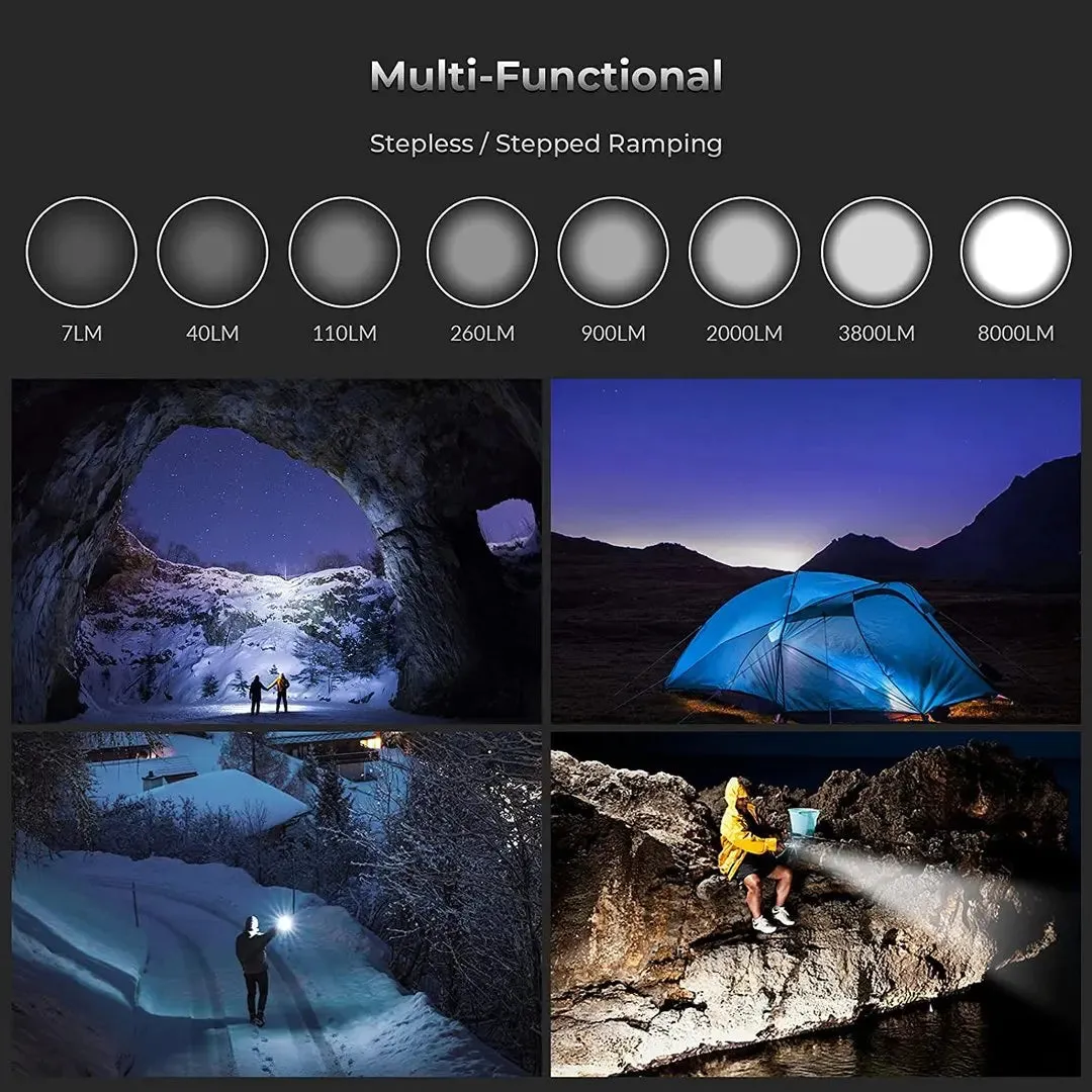 High-Power 8000lm LED Flashlight USB-C Rechargeable 18650 Torch Super Bright Lantern