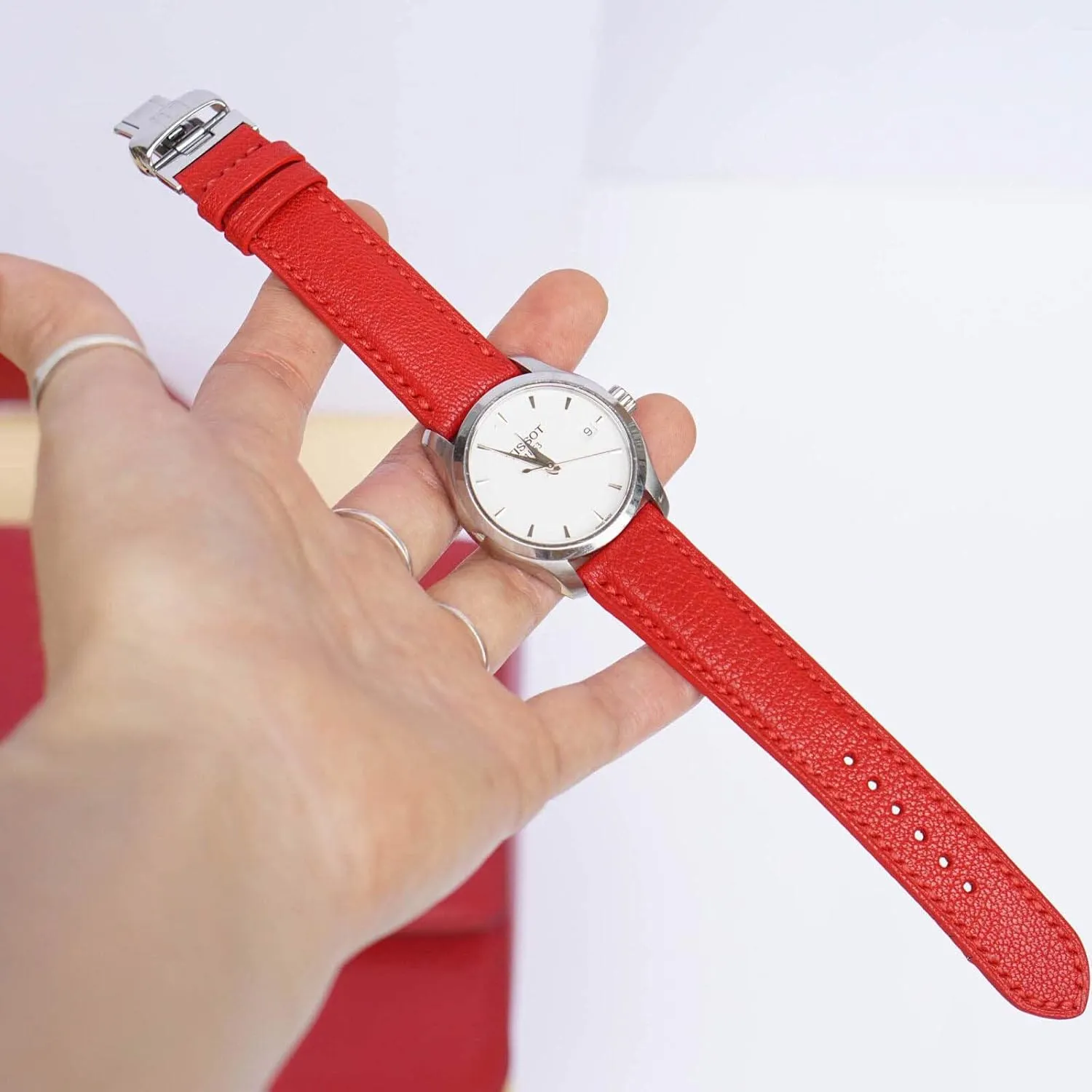 High Quality Red Goat leather watch band, Handmade Alran Chevre Sully leather watch strap (22mm, Steel Folding Clasp)